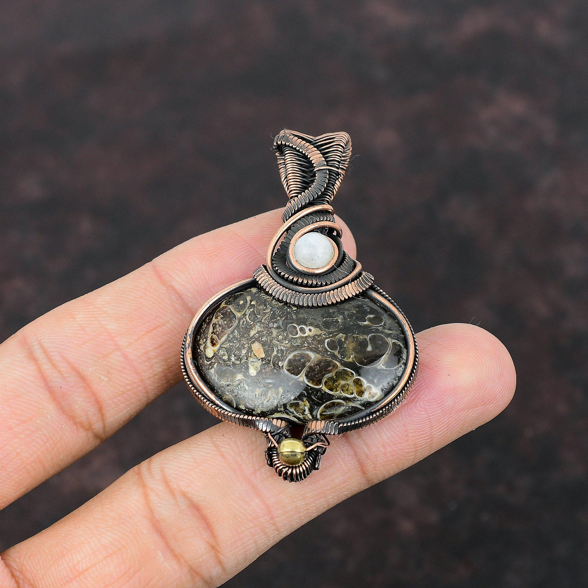 Turritella Agate Pendant Copper Wire Wrapped Pendant Moonstone Pendant Handmade Jewelry Wrapped Gemstone Pendant Copper Jewelry Gift For Mom