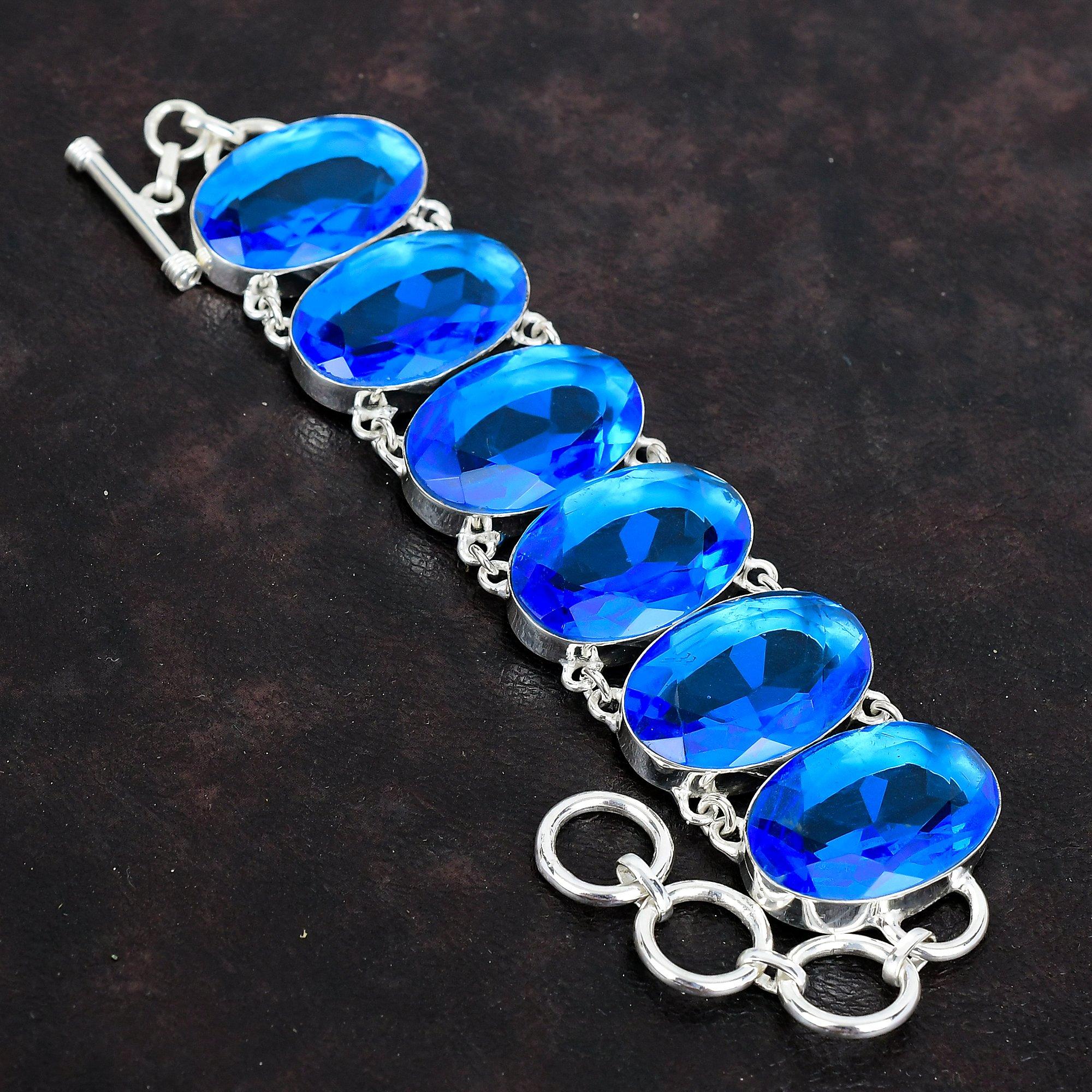 Faceted london blue topaz bracelet handmade gemstone bracelet 925 sterling silver bracelet adjustable chain bracelet silver jewelry for gift
