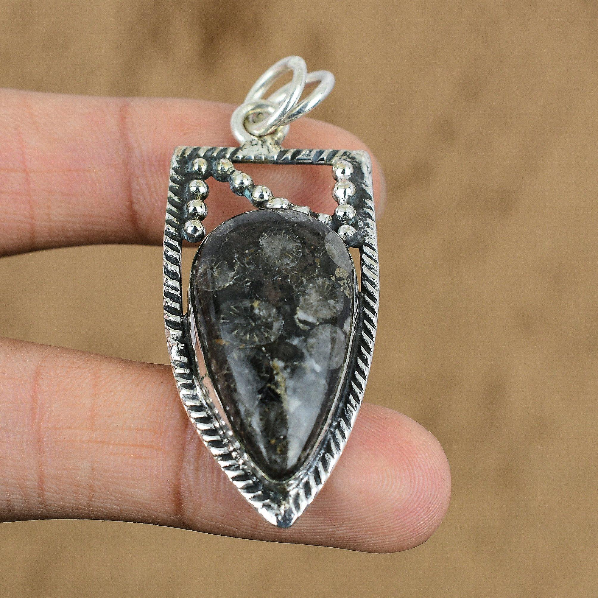 925 Sterling Silver Black Fossil Coral Stone Root Chakra Trendy Pendant Jewelry