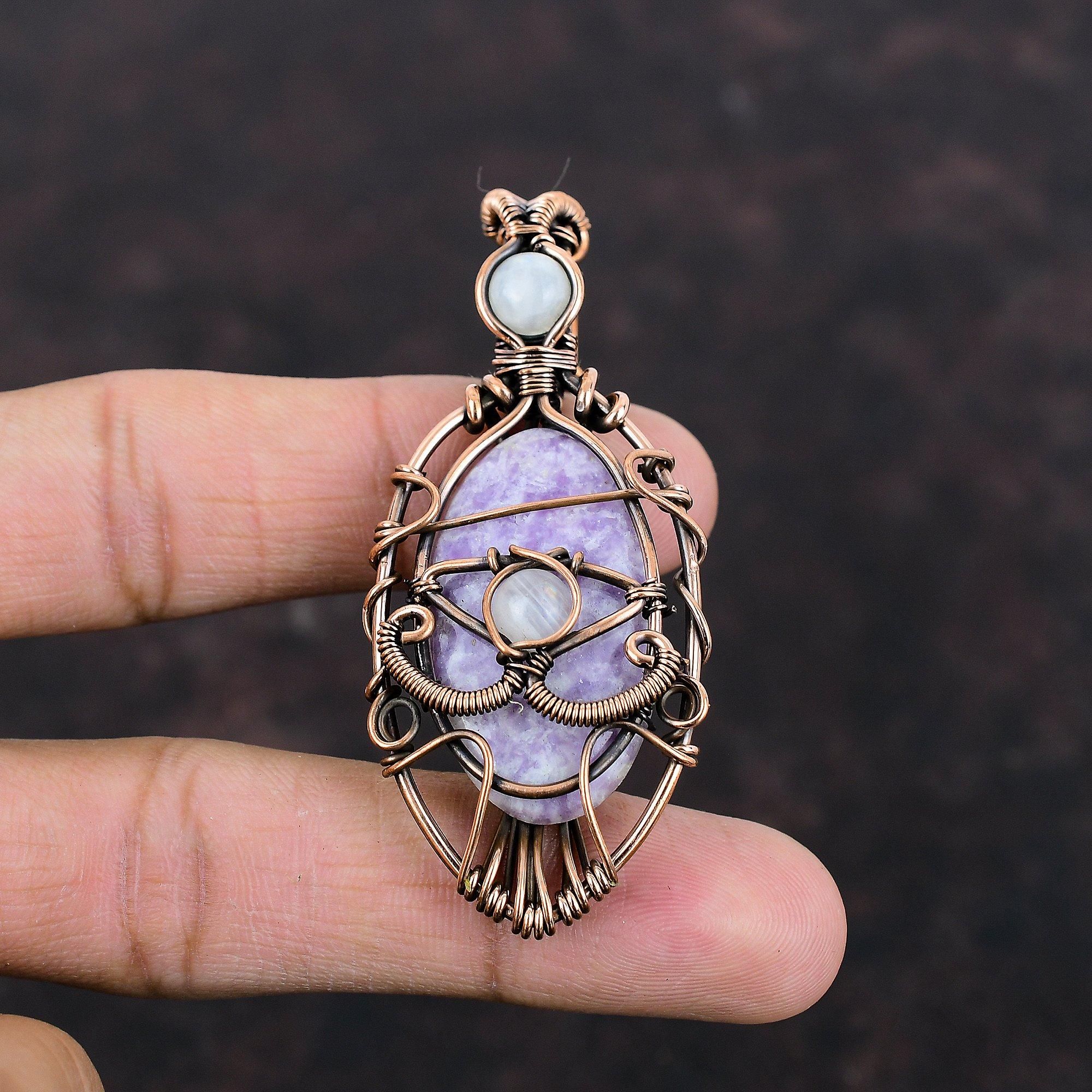 Evil Eye Lepidolite Pendant Copper Wire Wrapped Pendant Rainbow Moonstone Gemstone Pendant Gift For Her Copper Wire Jewelry Handmade Pendant