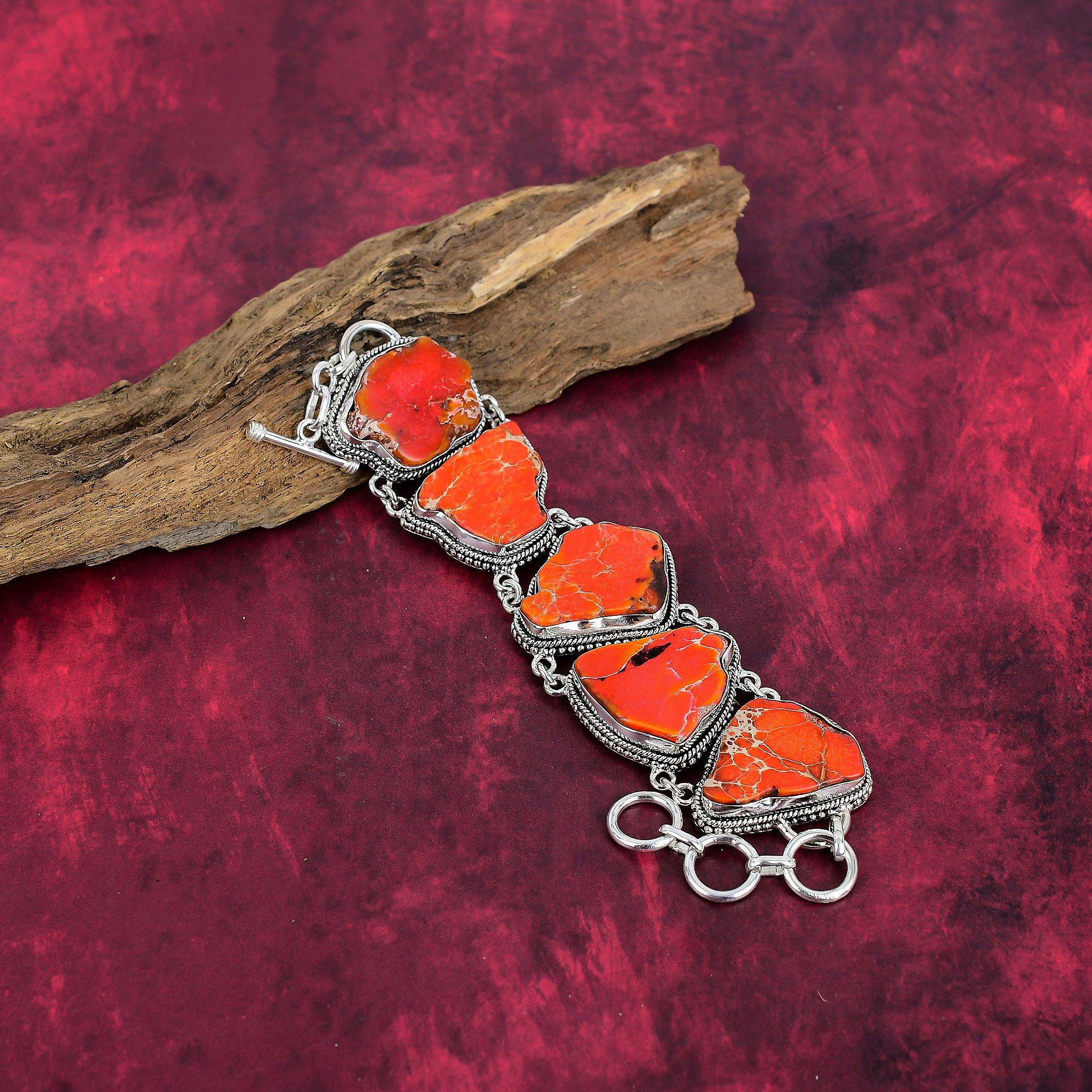 Orange Sea Sediment 925 Solid Sterling Silver Bracelet with Adjustable Chain, Handmade Gemstone Jewelry Bracelet For Memorial Day