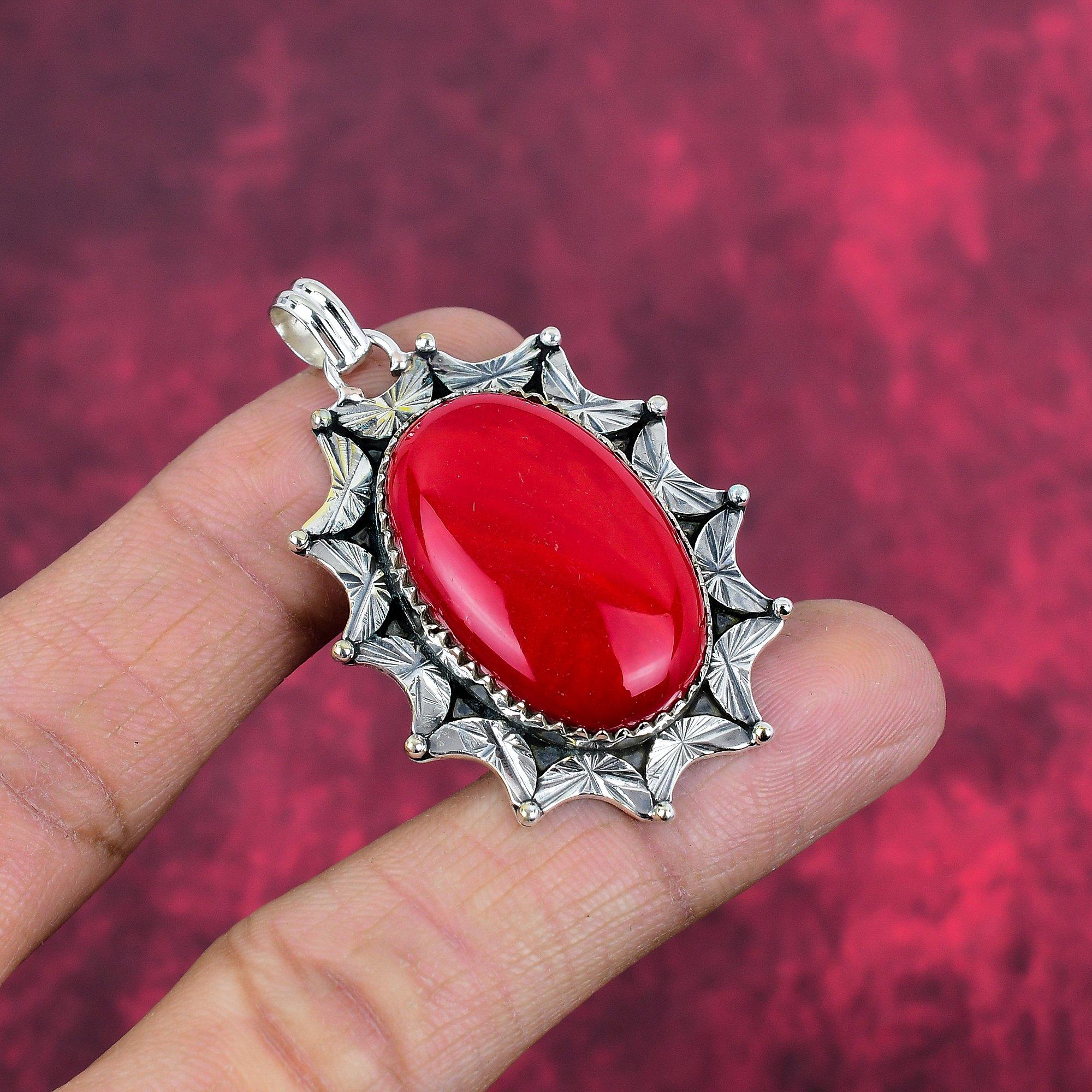 Red Coral Handmade Gemstone Pendant, 925 Solid Sterling Silver Pendant Antique Jewelry, For Engagement Gift