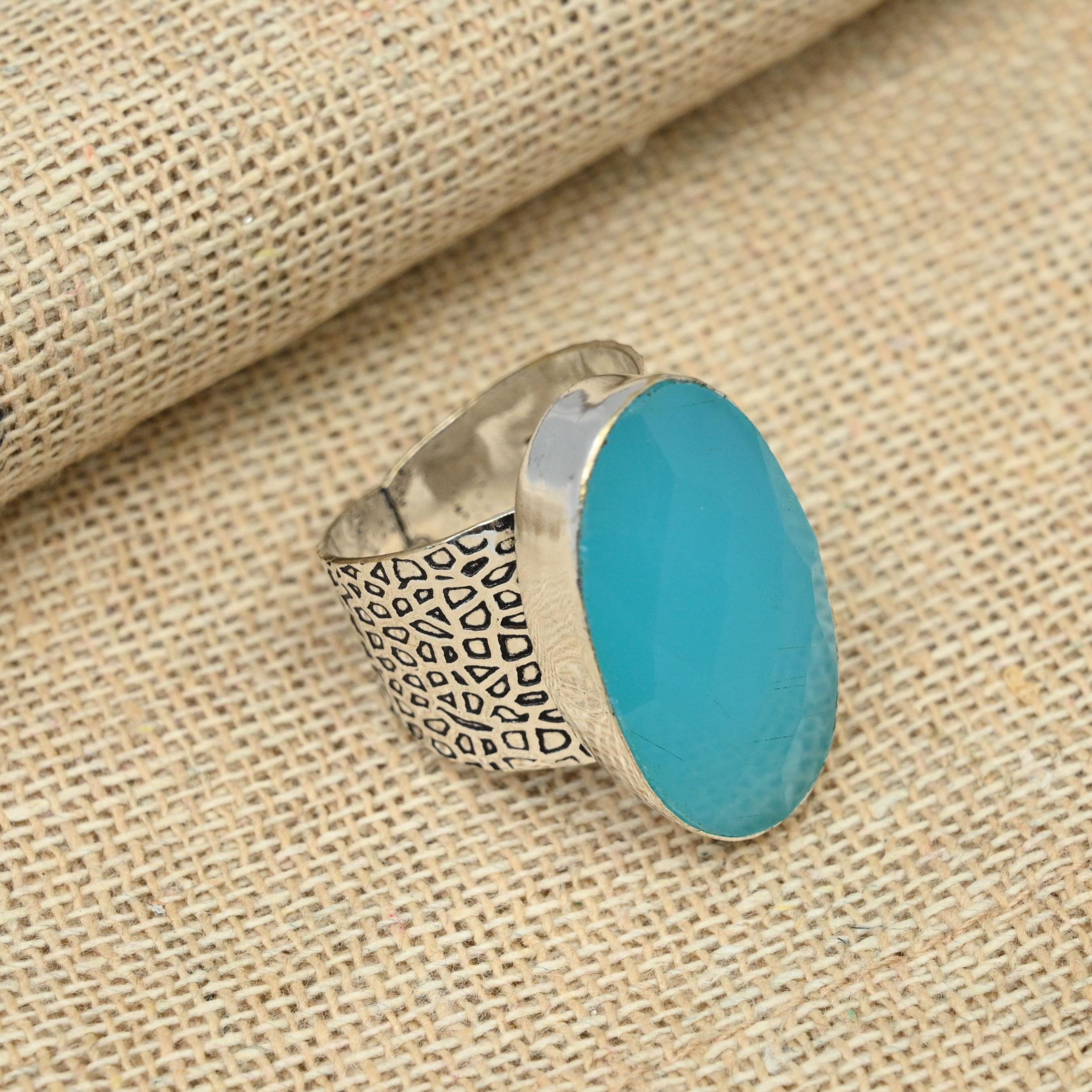 Blue Chalcedony Gemstone Solid 925 Sterling Silver Jewelry Oval Shaped Handmade Ring