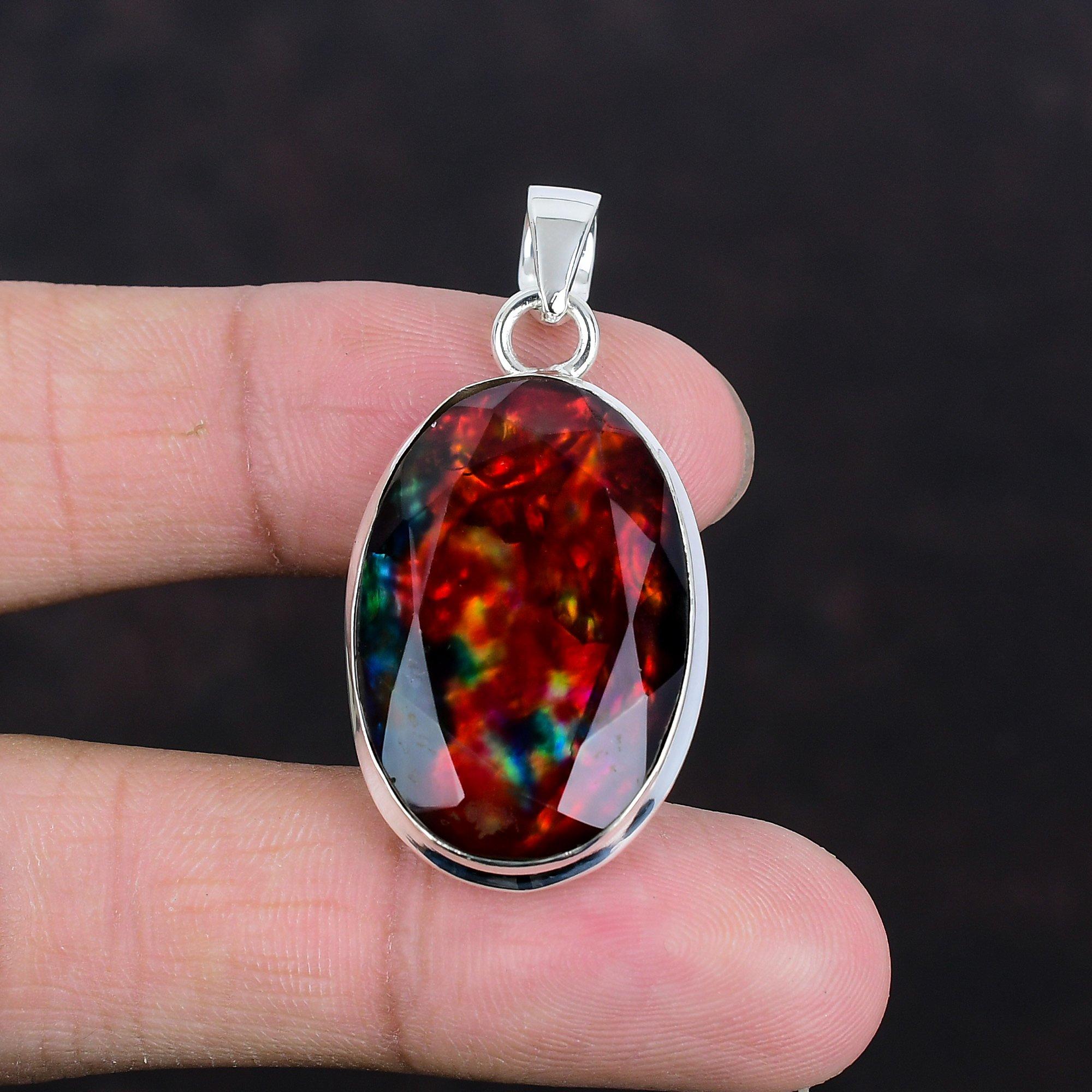 Faceted Ammolite Pendant Natural Gemstone Jewelry 925 Sterling Silver Pendant Handmade Birthstone Pendant Ammolite Jewelry Anniversary Gifts