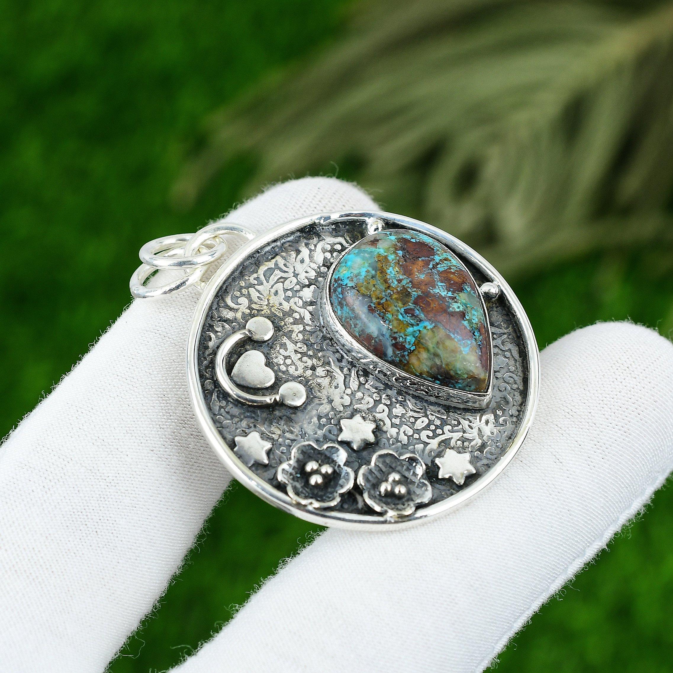 Birthday Gift For Her Natural Chrysocolla Gemstone Pendant 925 Sterling Silver