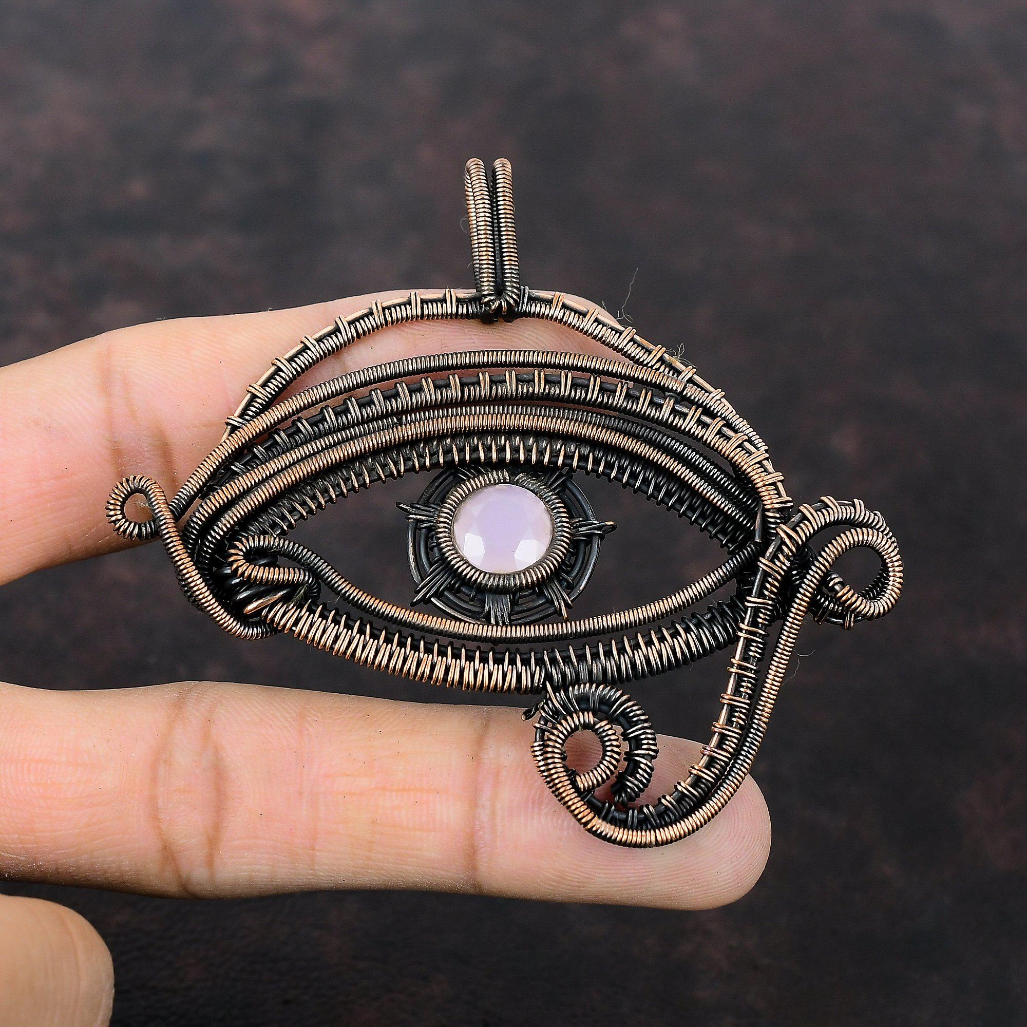 Faceted Pink Chalcedony Pendant Copper Wire Wrapped Pendant Evil Eye Pendant Gemstone Copper Jewelry Gift For Him Handmade Brand New Pendant