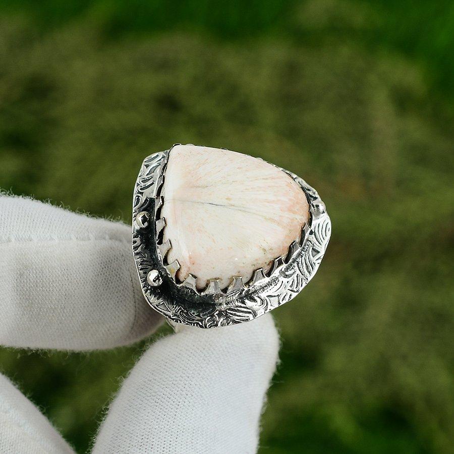 925 Sterling Silver Scolecite Stone Solitaire Ethnic Wife Ring Jewelry Size 7.75