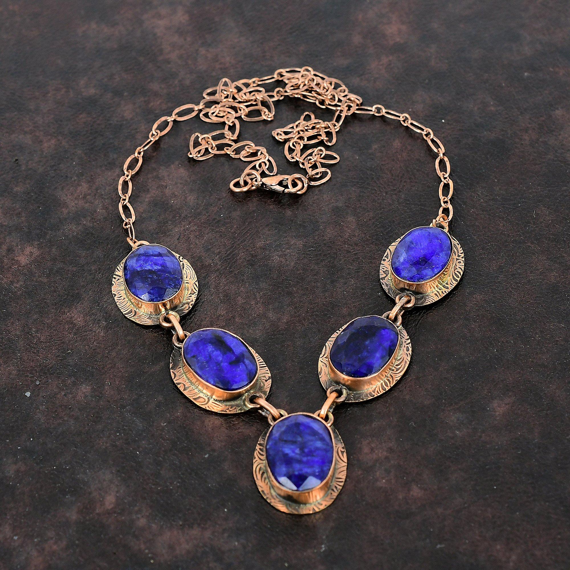 Colier cu safir albastru fațetat Colier cupru Bijuterii din pietre prețioase reale Colier cu lanț reglabil Colier lucrat manual Bijuterii din cupru Cadou pentru mama