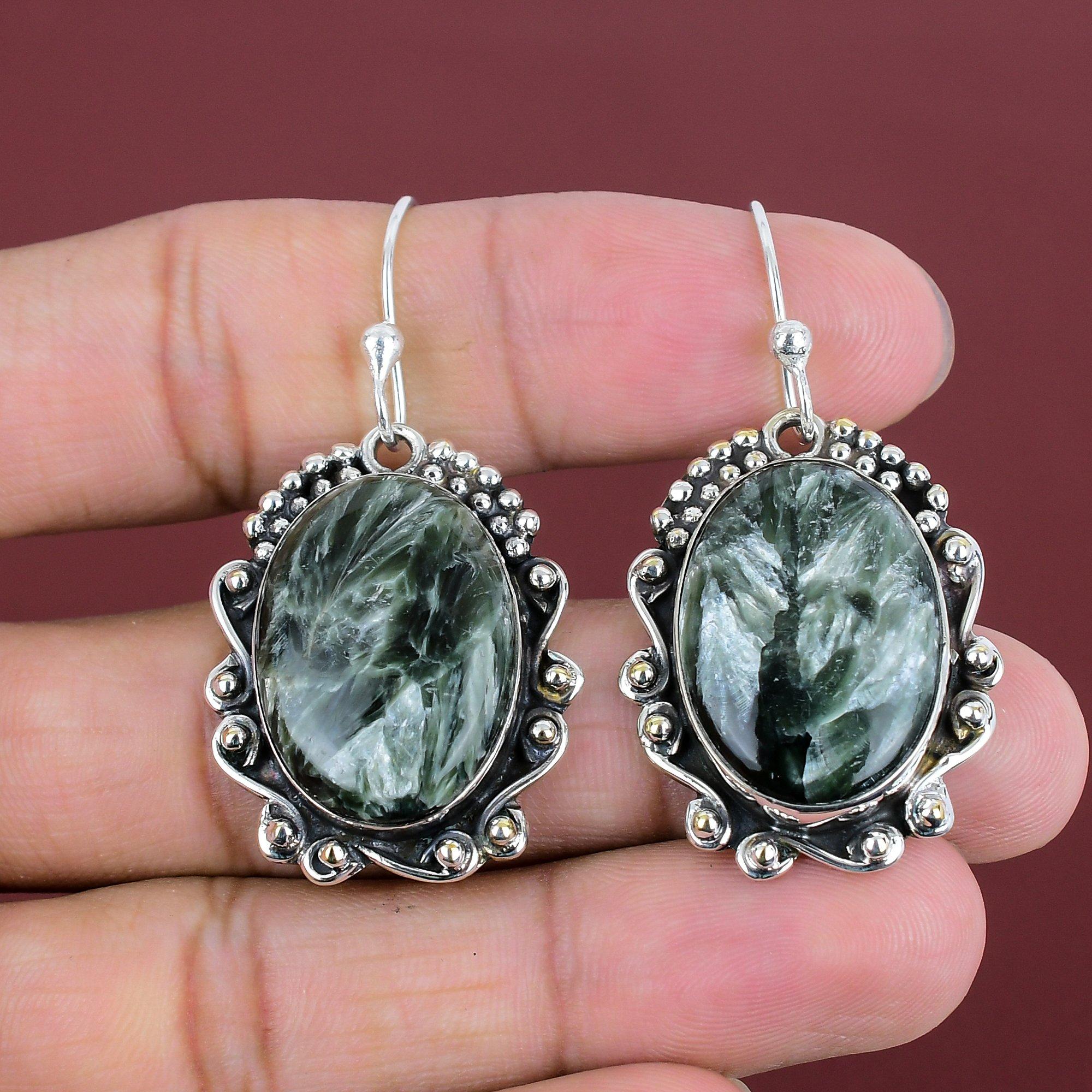 Seraphinite Earrings Gemstone Earring 925 Sterling Silver Earring Handmade Earring Natural Seraphinite Jewelry Gifts For Wife Dainty Earring