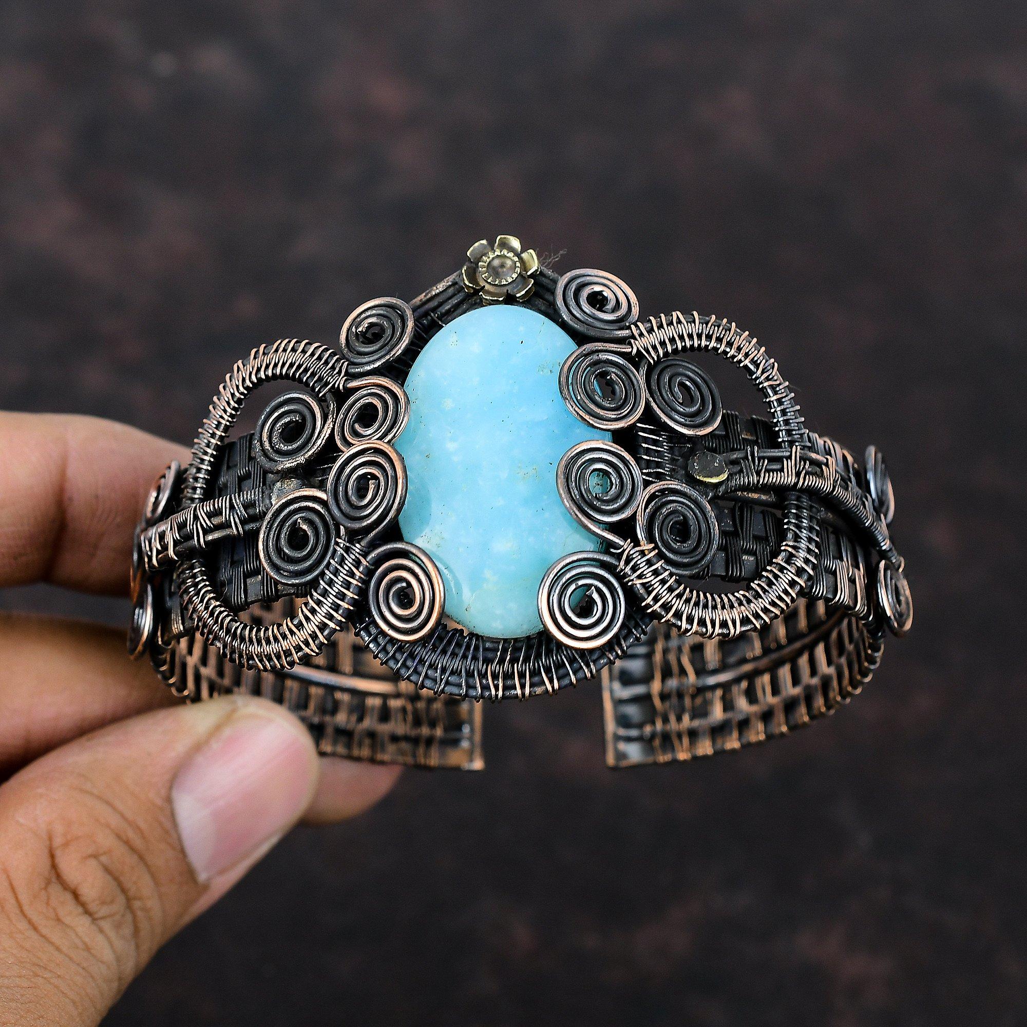 Hemimorphite Copper Cuff Bracelet Wire Wrapped Gemstone Bangle Adjustable Cuff Bracelet Copper Wire Wrapped Jewelry Handmade Bangle For Gift