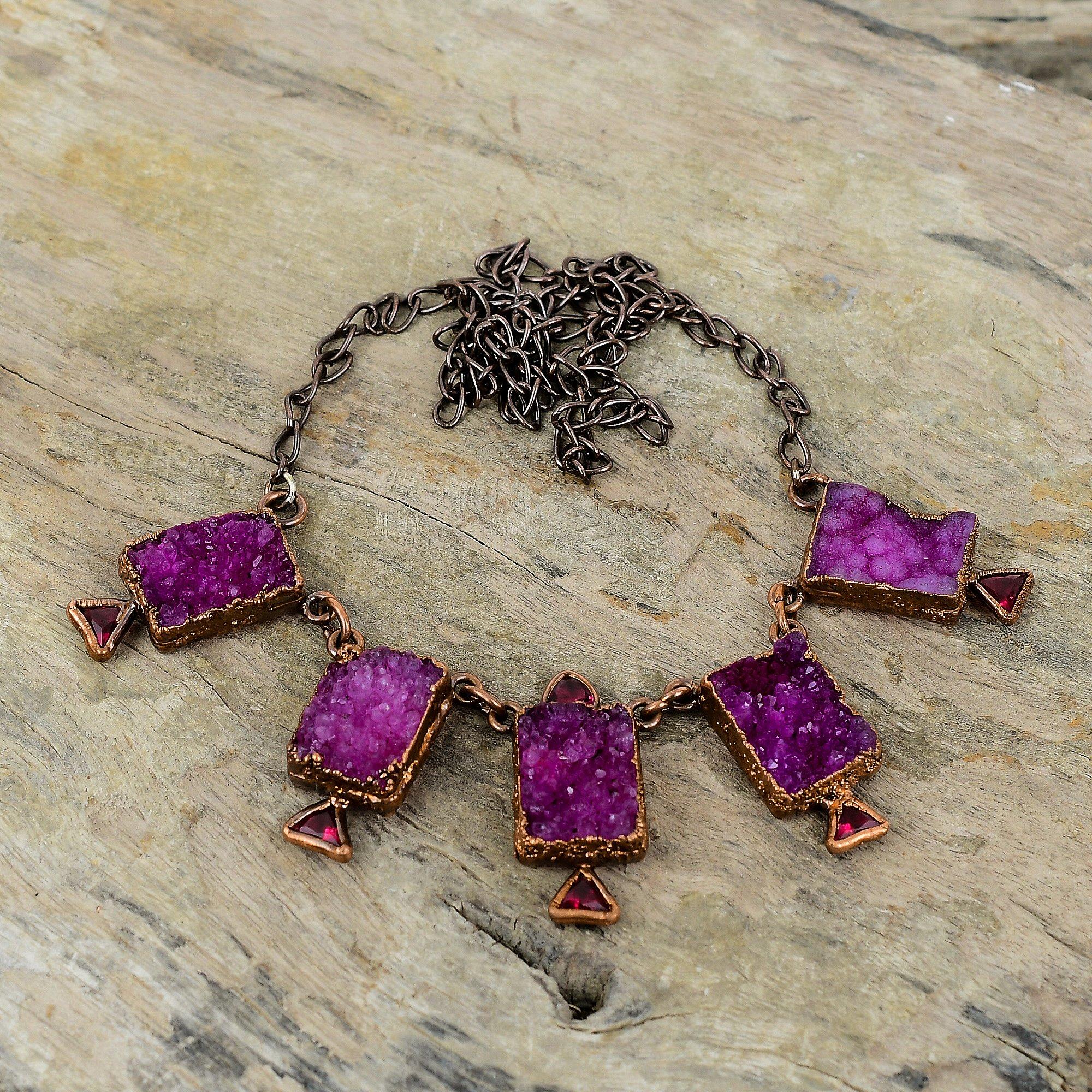 Pink Druzy Necklace Pink Tourmaline Rough Necklace Electroformed Copper Necklace Adjustable Chain Necklace Electroformed Gemstone Jewelry
