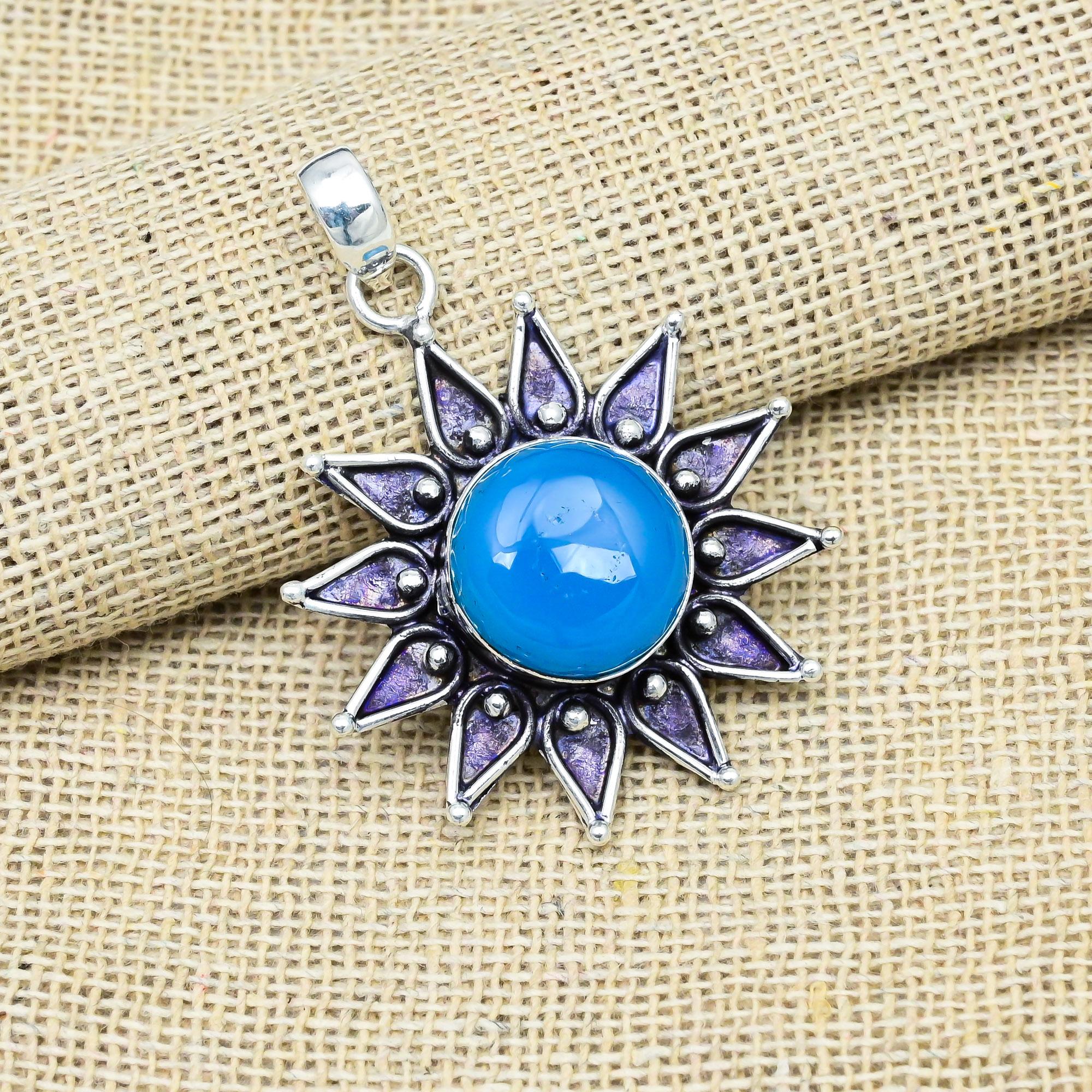 Blue Chalcedony Gemstone 925 Sterling Silver Handmade Jewelry Pendant For Thanksgiving Gift