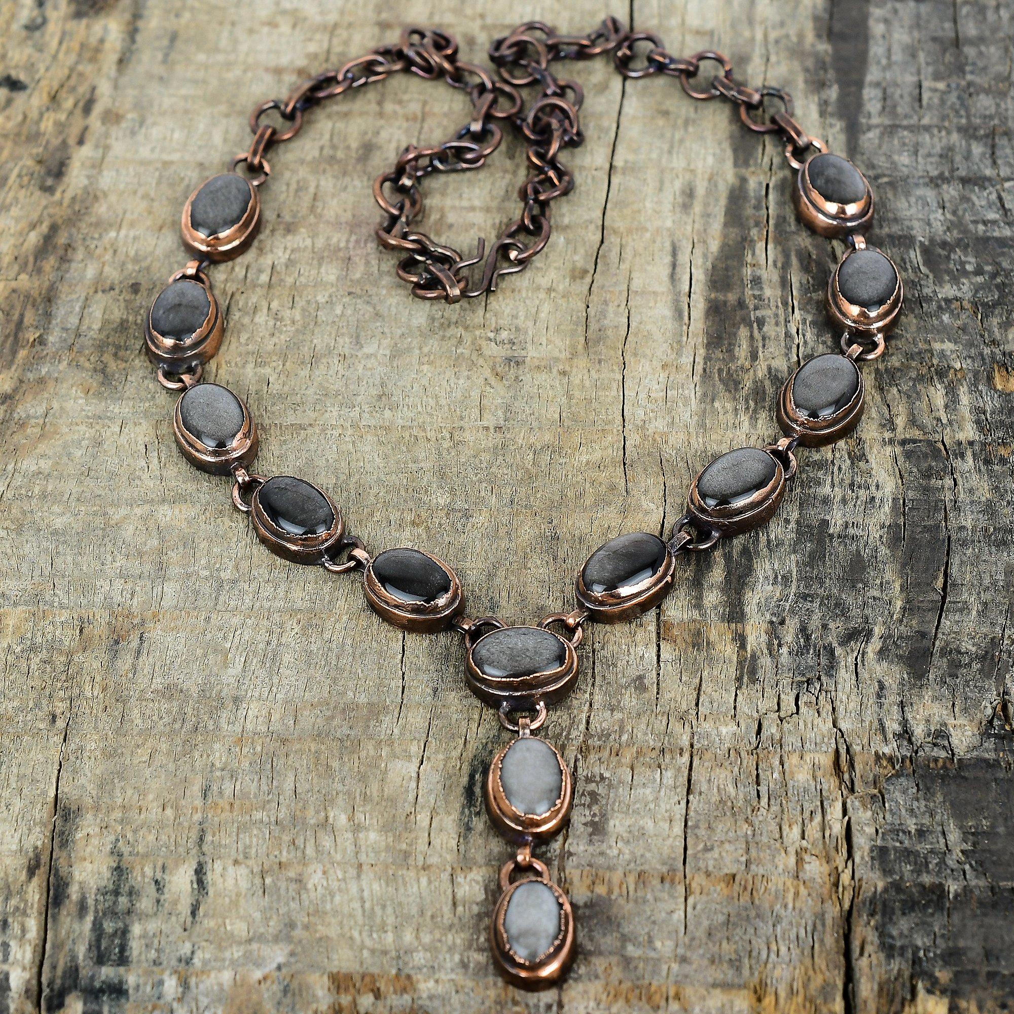 Collier en obsidienne argentée, collier à chaîne ajustable en cuivre électroformé, collier de pierres précieuses, bijoux en cuivre pour cadeaux, collier fait main