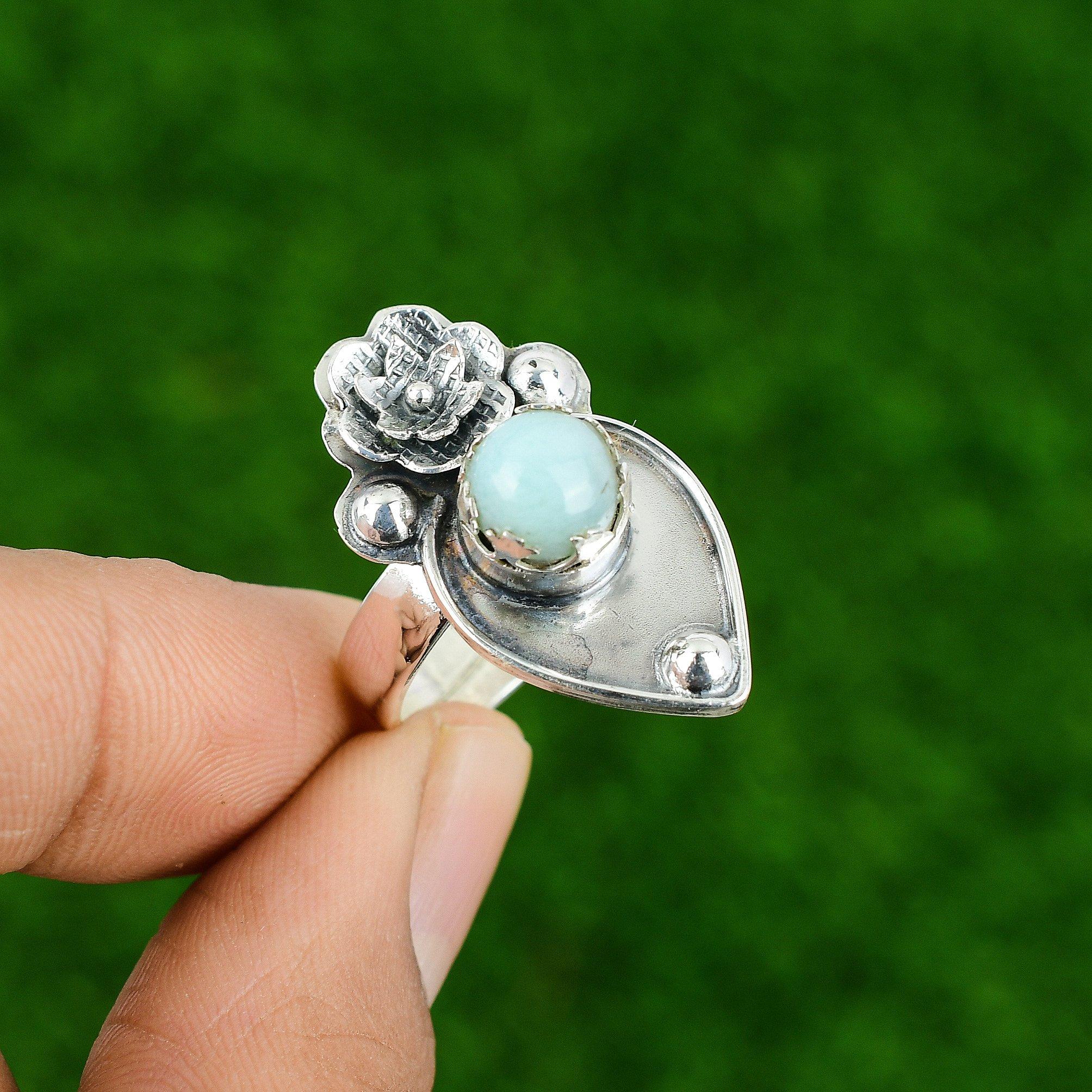 Gift For Women Multi Stone Flower Adjustable Ring 925 Silver Natural Larimar