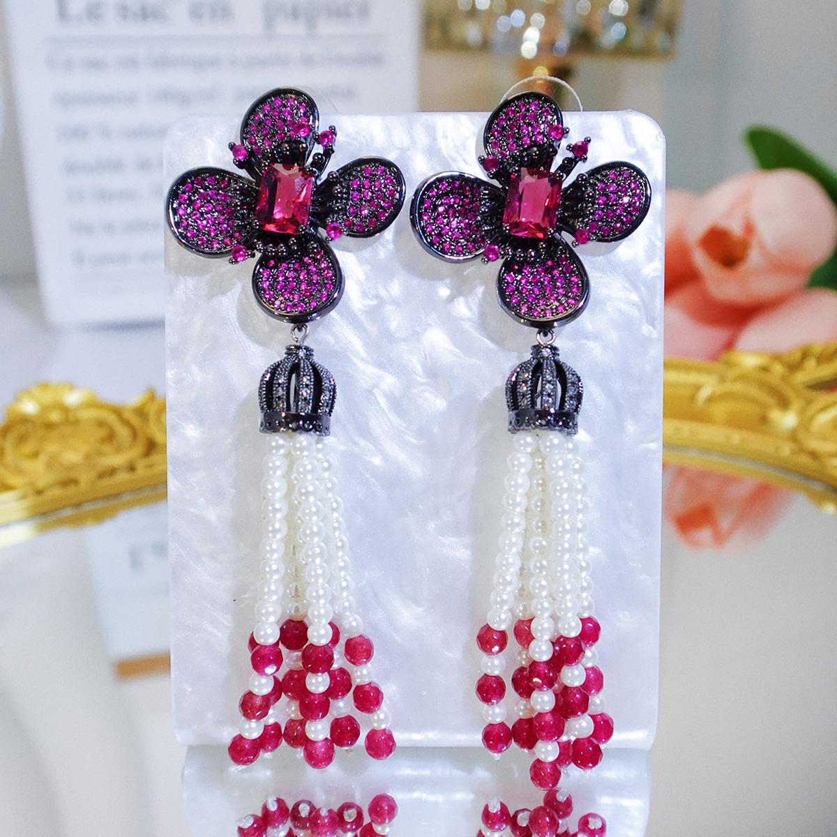 WWJ Unique Plant Flower Artificial Bead Tassel Pendant Earrings Heavy Industry Rose Red Zircon Ladies Party Jewelry