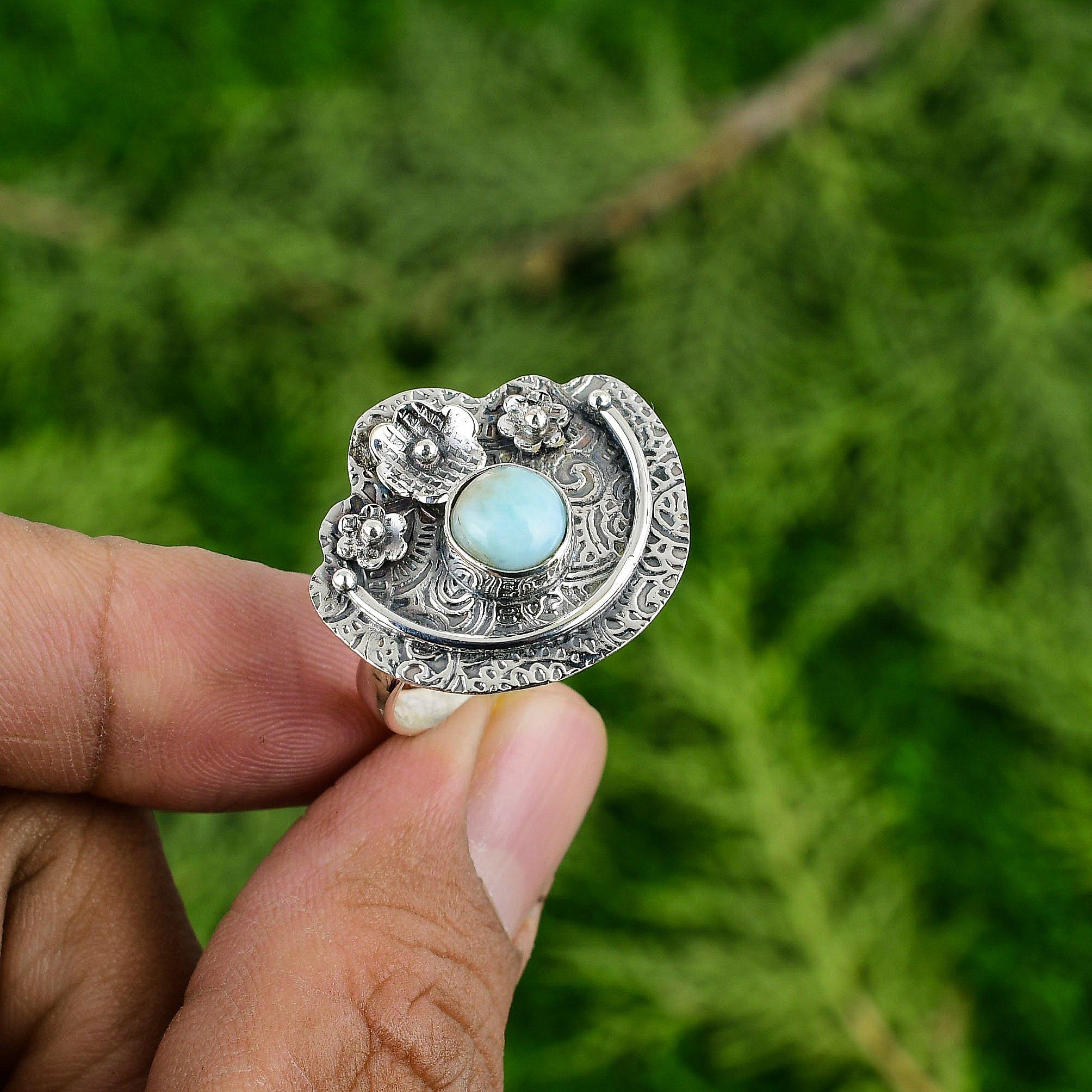925 Sterling Silver Natural Larimar Statement Flower Throat Chakra Ring Jewelry