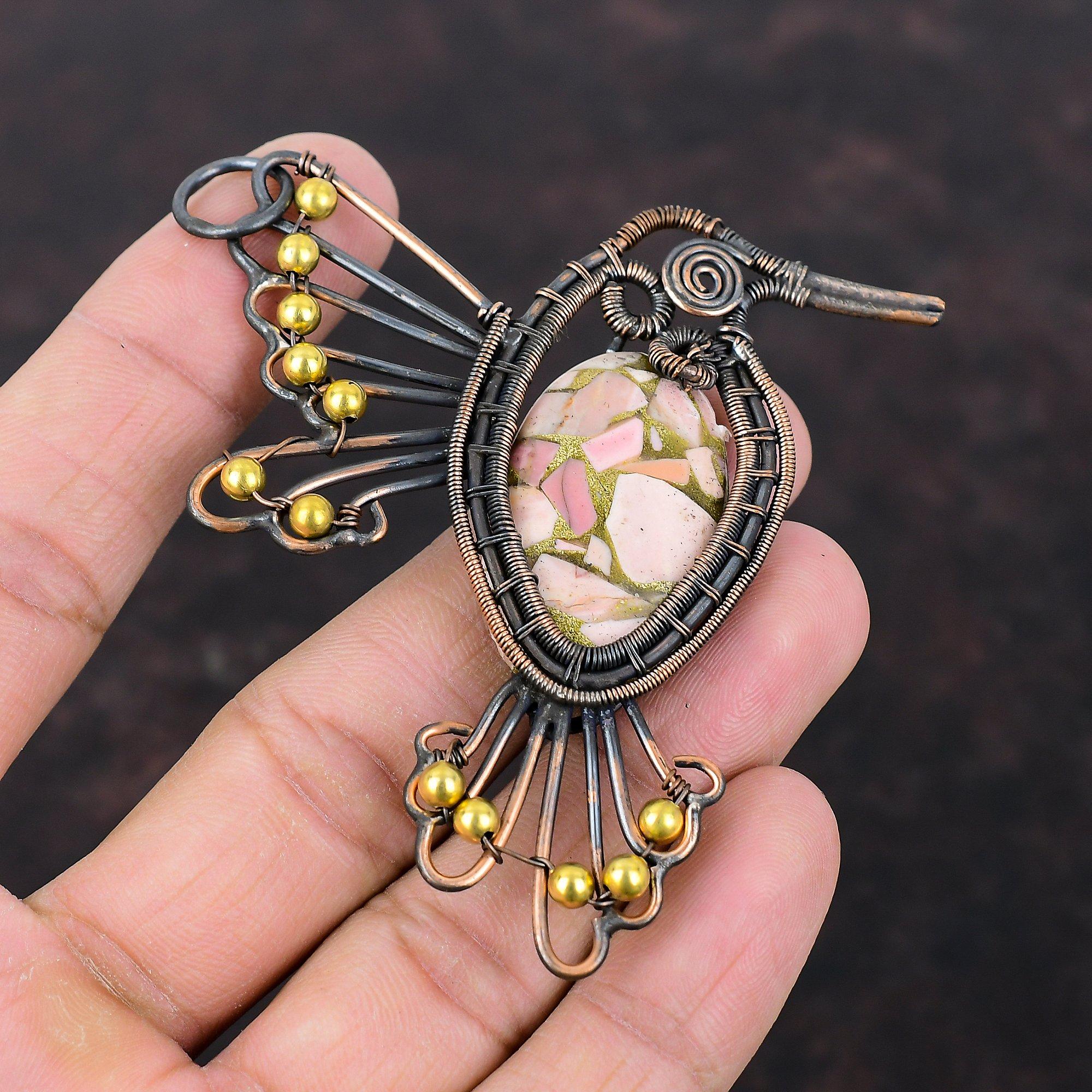 Copper Pink Opal Pendant Copper Wire Wrapped Pendant Gemstone Jewelry Handmade Dainty Pendant Bird Pendants Copper Wire Jewelry Gift For Her