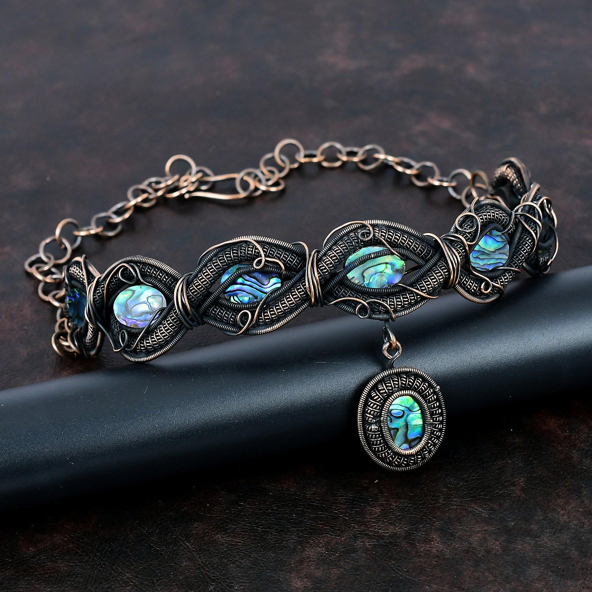 Abalone Shell Necklace Copper Wire Wrapped Jewelry Handmade Adjustable Chain Necklace Copper Wire Wrap Necklace Gemstone Jewelry For Gifts