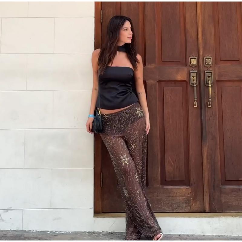 Street Sequined Print Pants Women Elastic Waist Wide Leg See Through Trousers Female 2025 Spring Summer Lady Shiny Party Pant