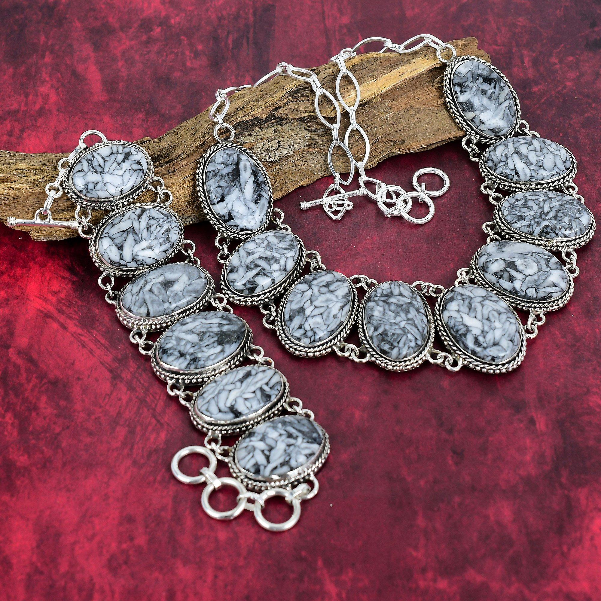 Luxusní náramek a náhrdelník s drahokamy Pinolith, sada šperků z masivního sterlingového stříbra 925, nastavitelná sada šperků, ručně vyráběné stříbrné šperky, dárek pro přítele