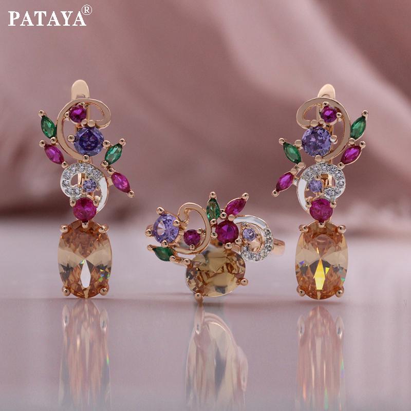 PATAYA Inlaid With Multicolored Artificial Zircon Earring Ring Combination Set