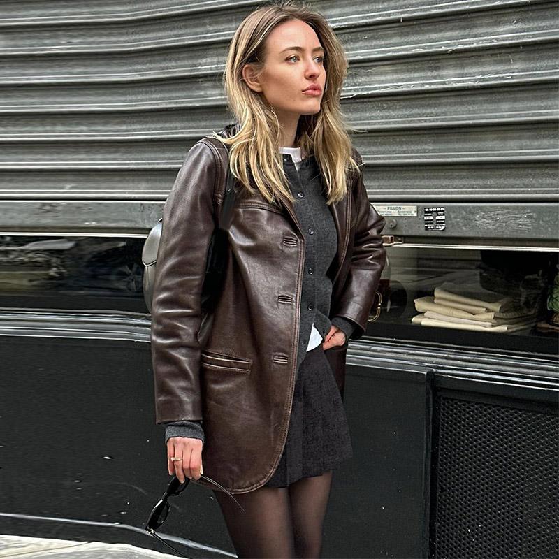 Vintage Leather Women's Jacket Turn-down Collar Single Breasted Jackets Solid Color Fashion Women Coat Autumn New Ladies Coats