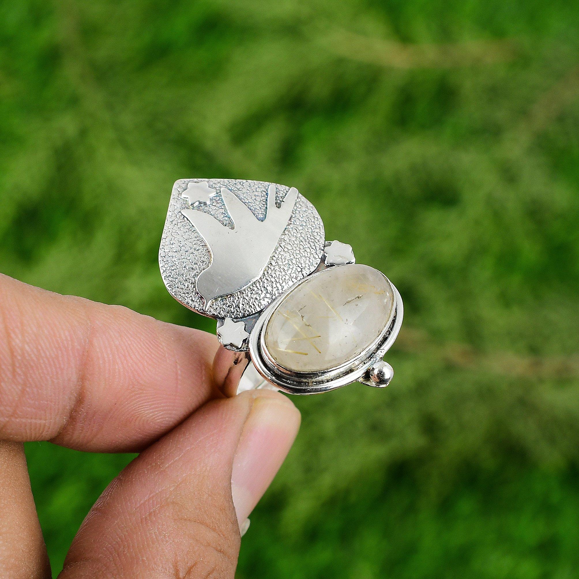 Gift For Her 925 Silver Natural Golden Rutile Solitaire Bird Adjustable Ring
