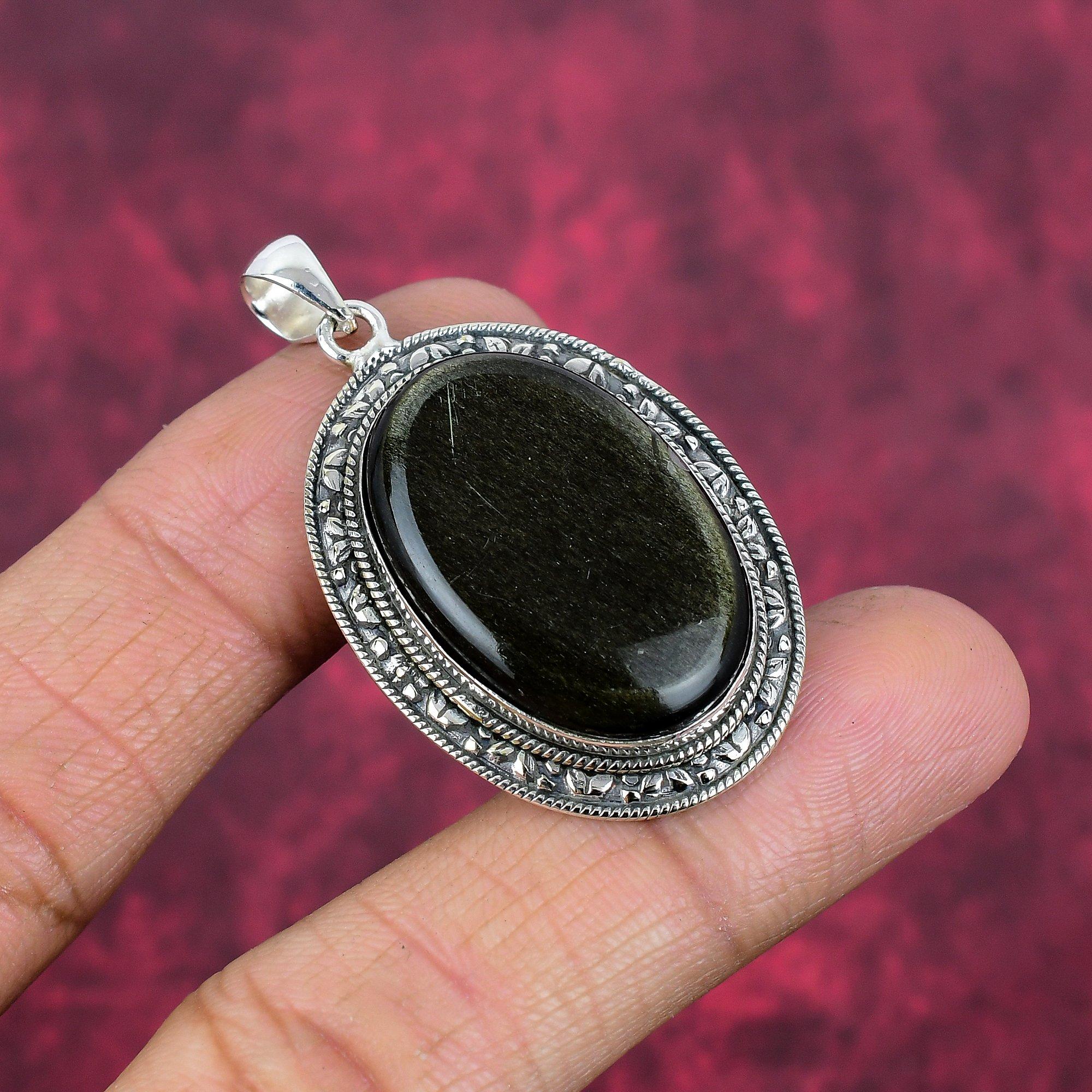 Pingente de obsidiana Silversheen em prata esterlina maciça 925, joia com pingente de pedra preciosa feita à mão, presente para esposa, pingente novo
