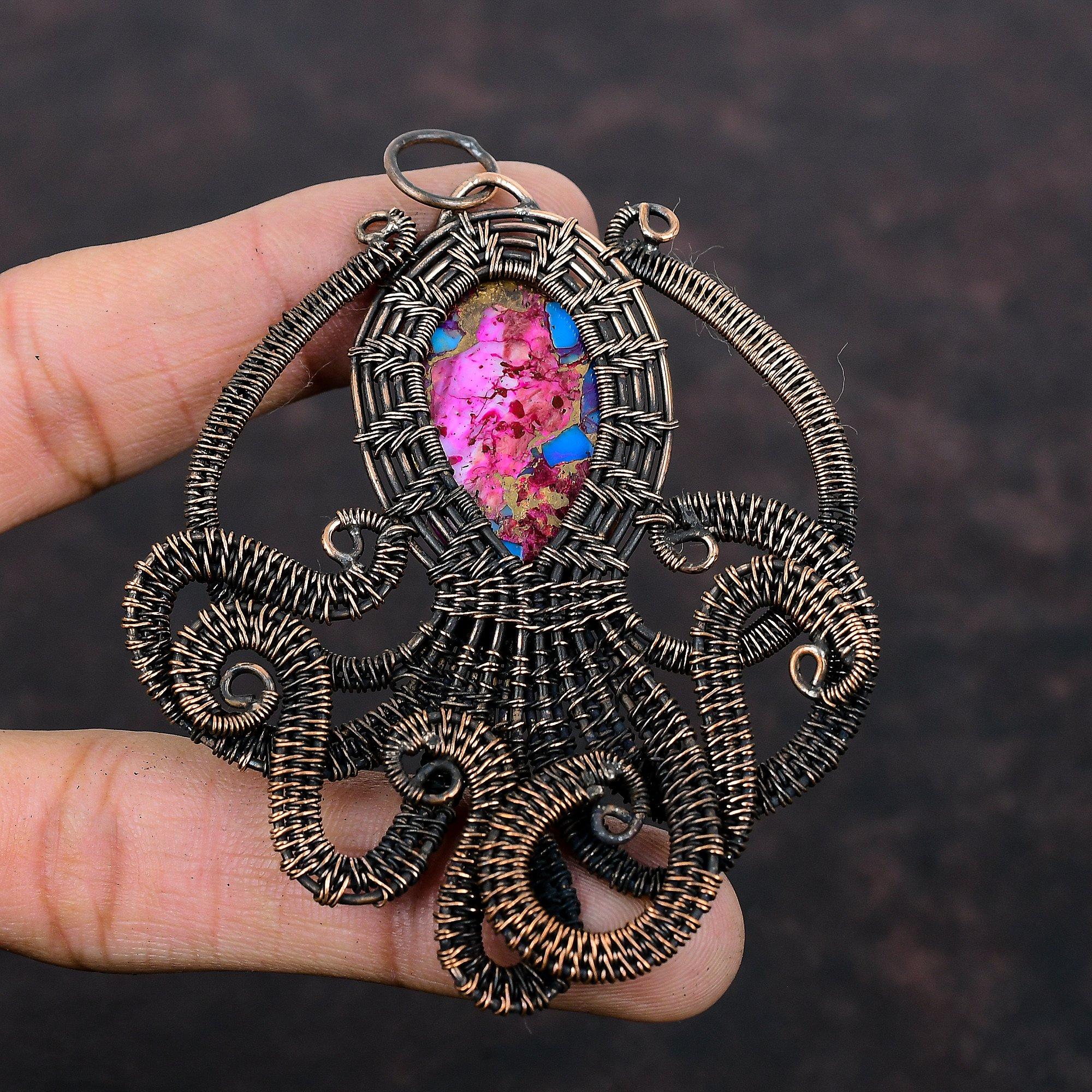 Natural Kingman Pink Dahlia Turquoise Pendant Copper Wire Wrapped Pendant Gemstone Jewelry Handmade Octopus Pendant Copper Jewelry For Gift