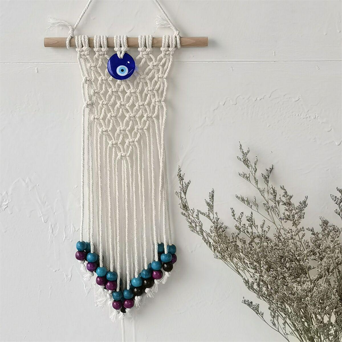 Bohemian Macrame Evil Eye Wall Hanging, Handmade Cotton Rope Decor With Turkish Nazar Amulet, Boho Home Wall Art