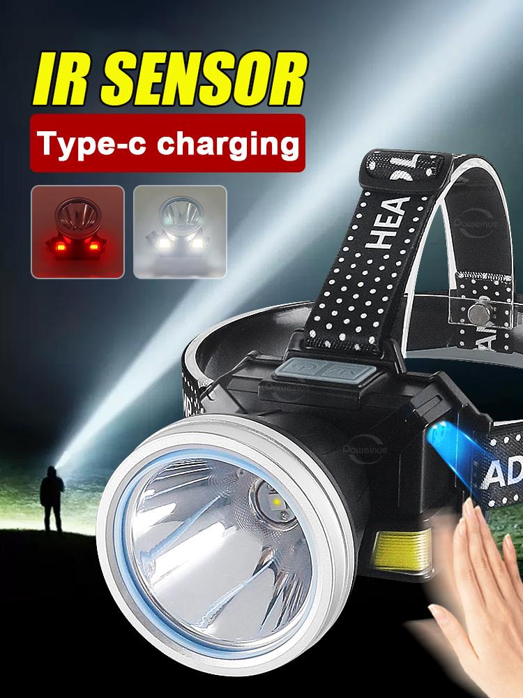 IR Sensor LED Headlamp COB Head Torch USB Rechargeable Headlight with Red COB Floodlight 4 Mode Front Lanterns