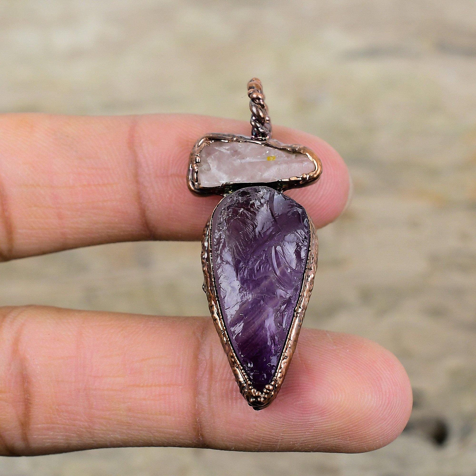 African Amethyst Rough Pendant Rose Quartz Rough Pendant Electroformed Copper Pendant Electroformed Gemstone Jewelry Engagement Gift For Her