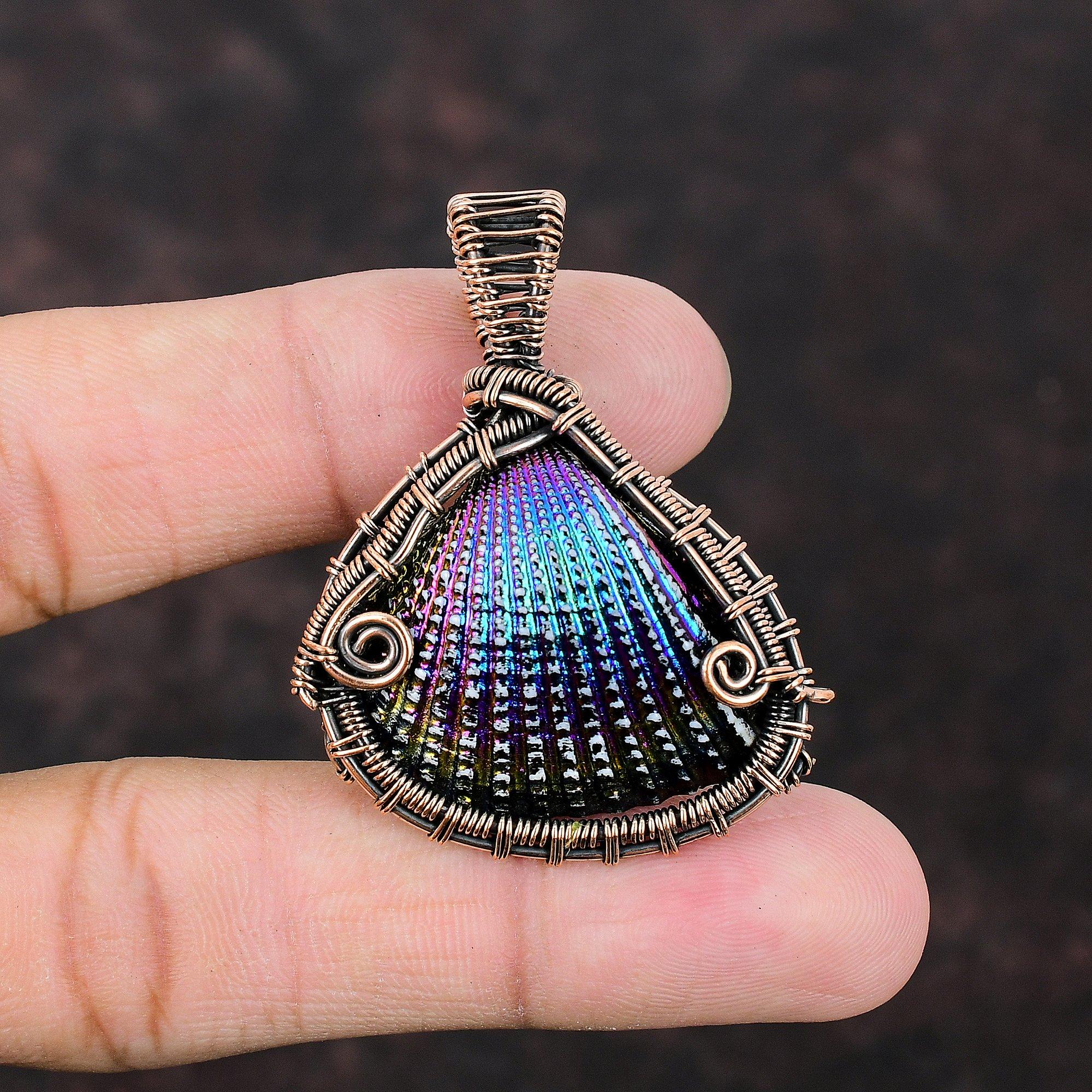 Titanium Coated Shell Pendant Copper Wire Wrapped Pendant Handmade Jewelry Sea Shell Gemstone Pendant Antique Copper Jewelry Wrapped Pendant