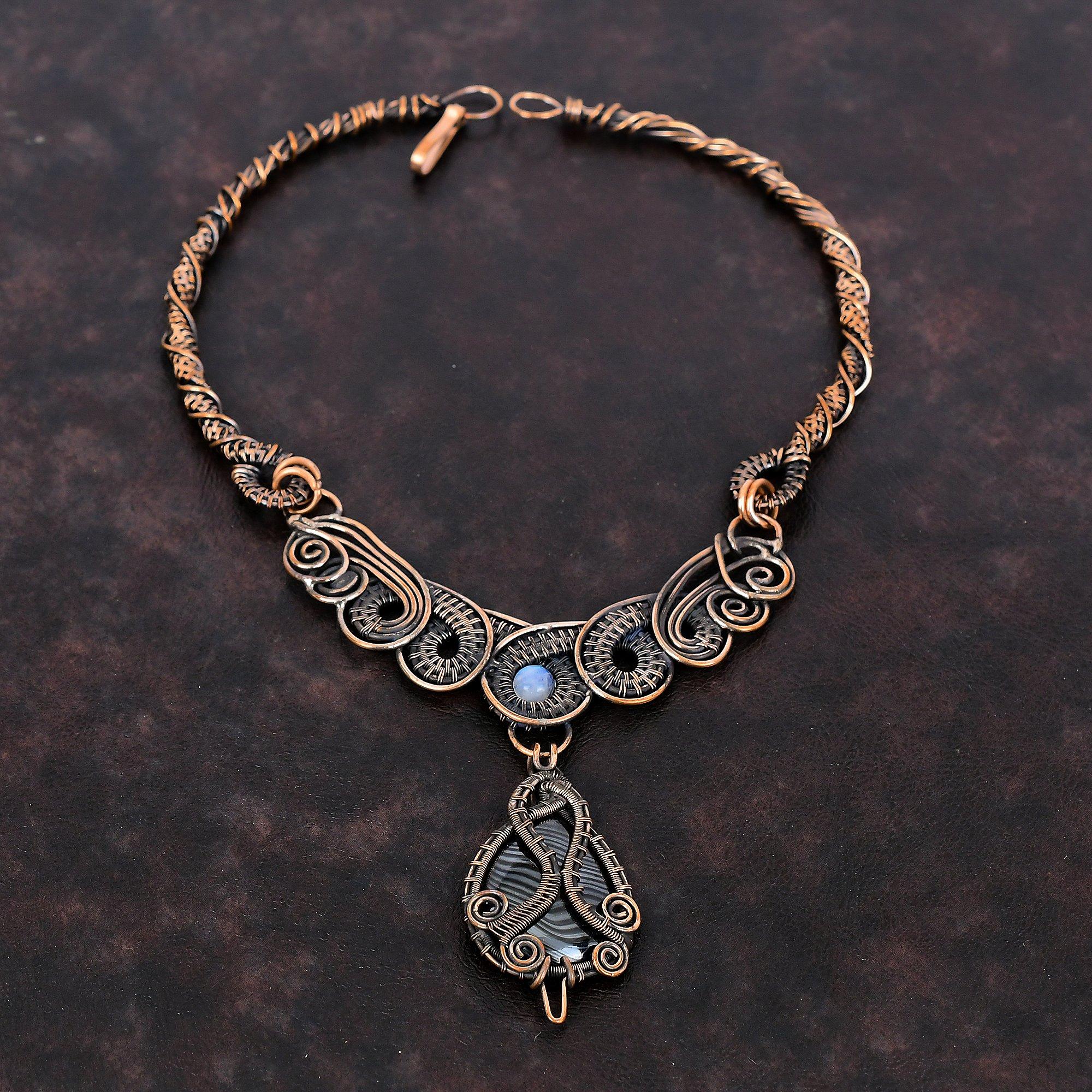 Psilomelane Necklace Copper Wire Wrapped Necklace Handmade Rainbow Moonstone Necklace Designer Necklace Wedding Gift Gemstone Copper Jewelry