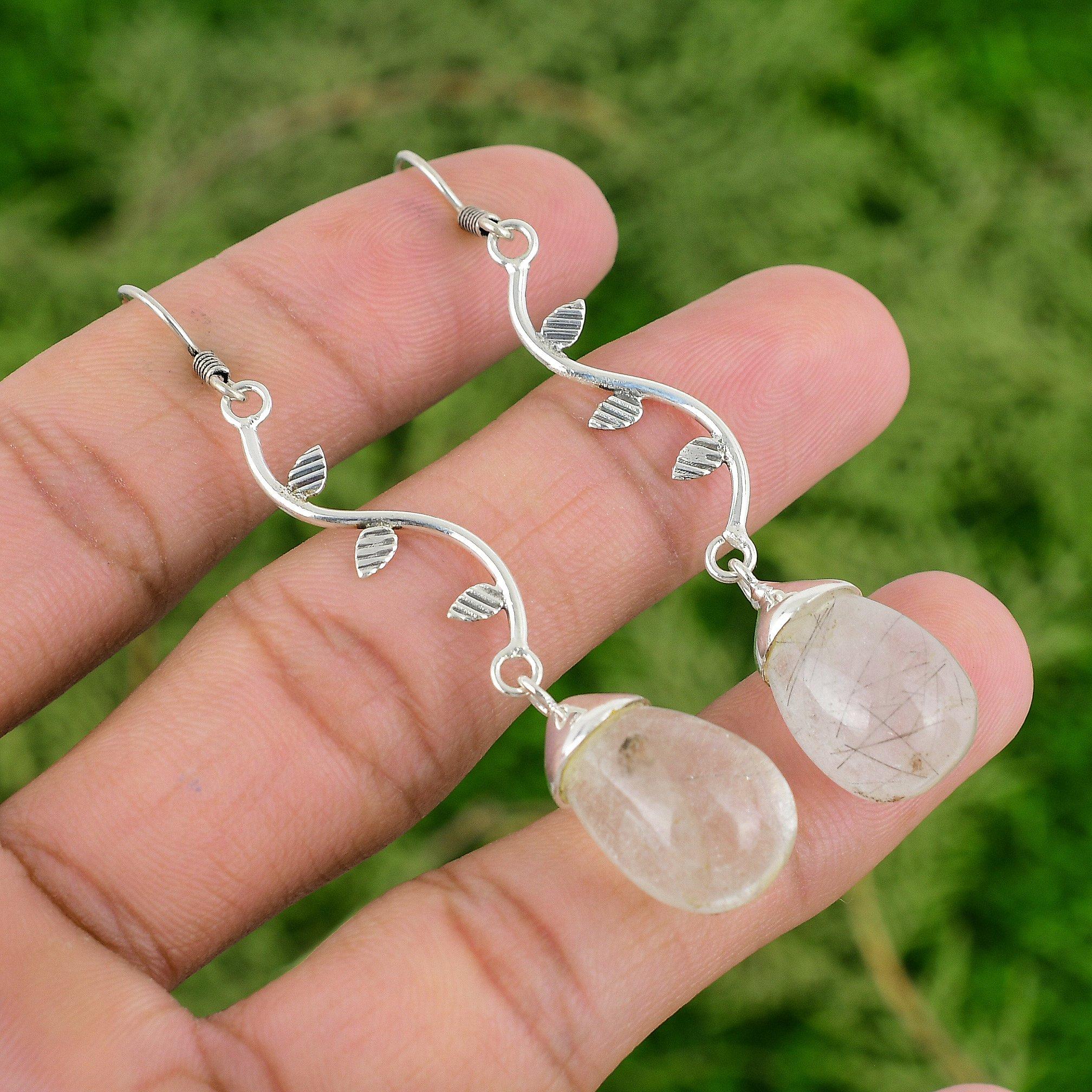 Black Rutilated Quartz Gemstone Sterling Silver Dangle Drop New Earrings Jewelry