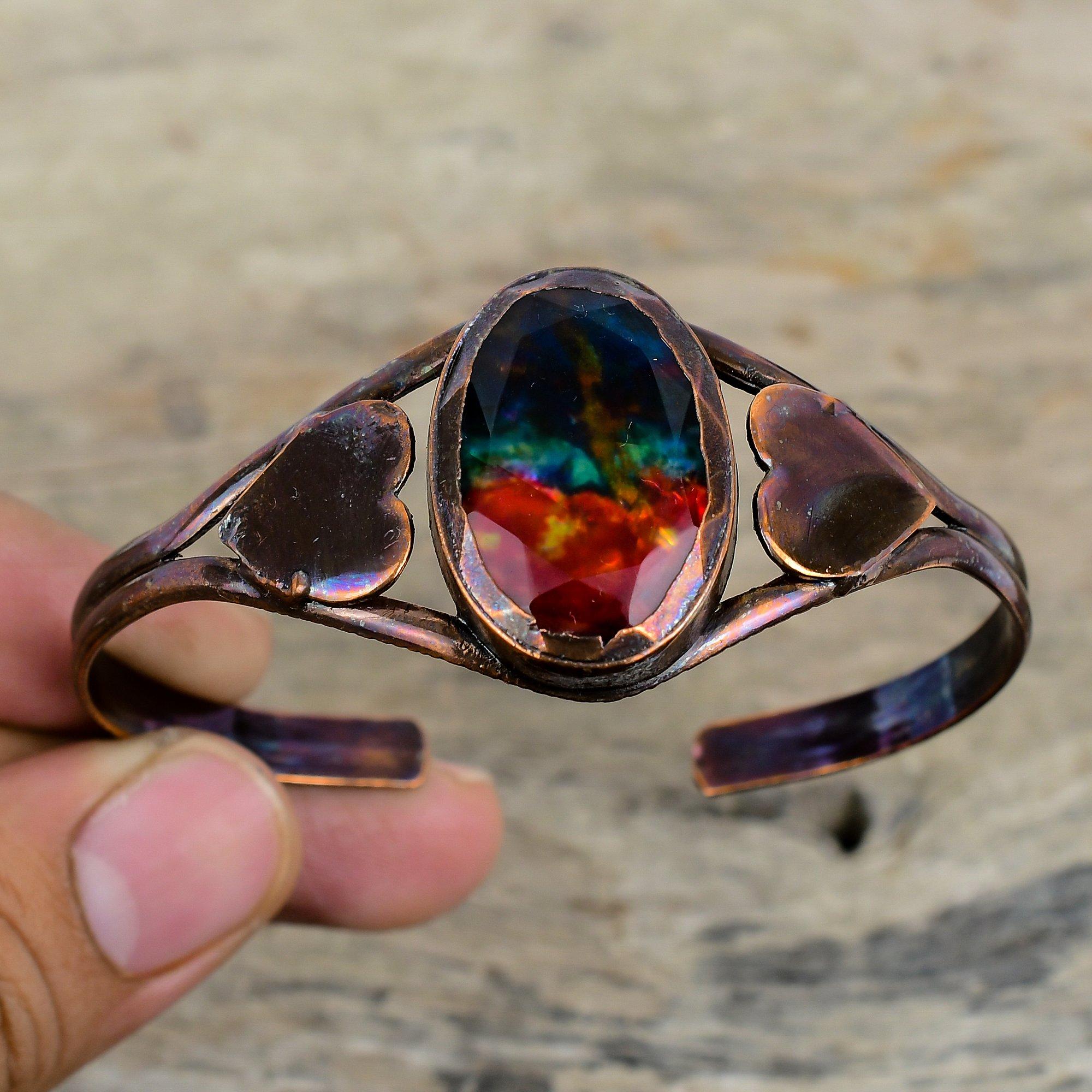 Faceted Ammolite Bangle Electroformed Copper Cuff Bracelet Adjustable Gemstone Bangle Antique Copper Jewelry Handmade Bracelet Gifts For Mom