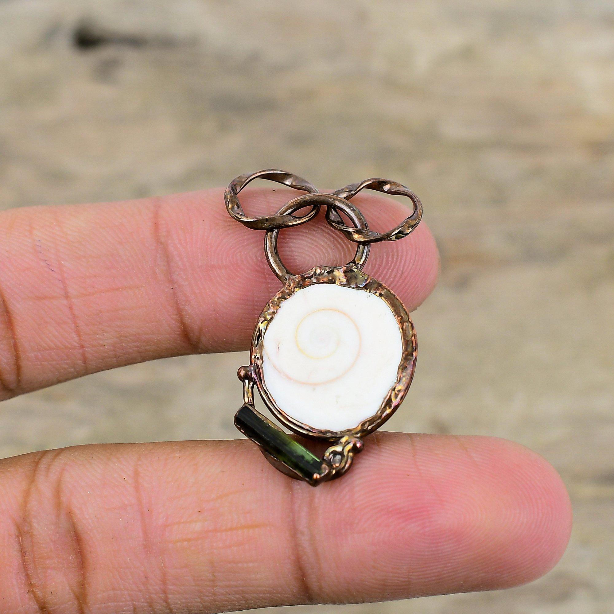 Shiva Eye Shell Pendant Electroformed Copper Pendant Green Tourmaline Rough Pendant Handmade Gemstone Pendant Electroformed Jewelry For Gift