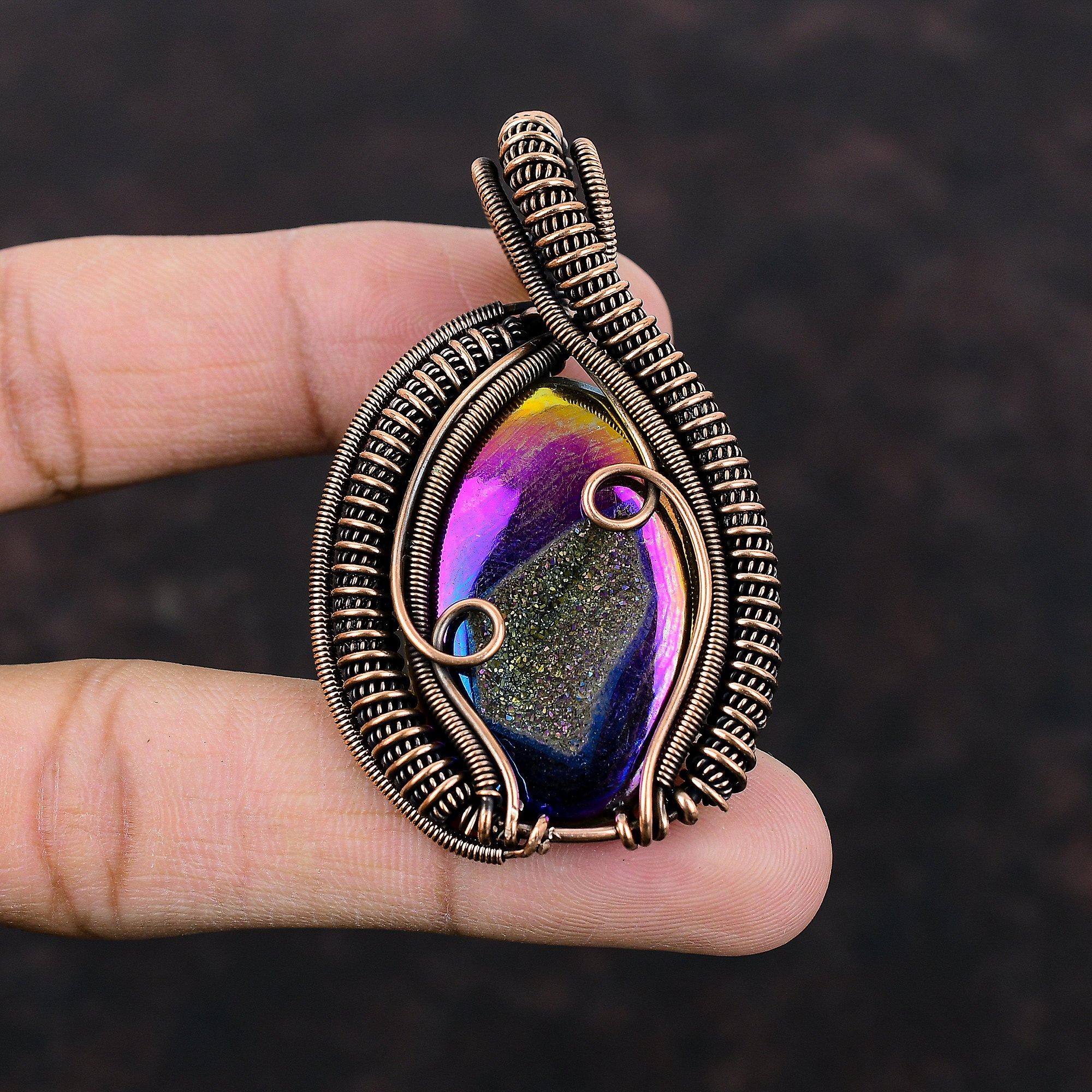 Titanium Druzy Pendant Copper Wire Wrapped Jewelry Handmade Pendant Titanium Druzy Jewelry Copper Wire Wrapped Gemstone Pendant Gift For Her