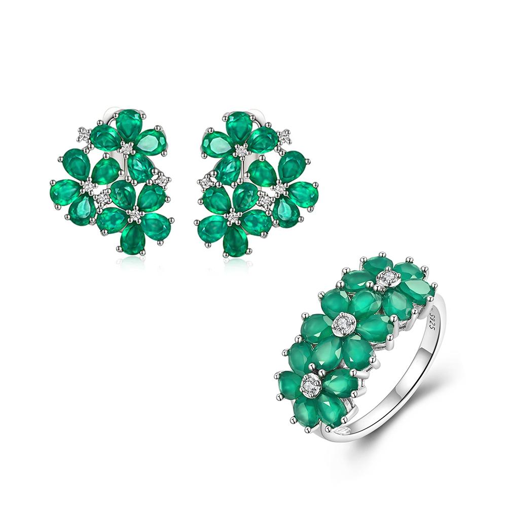 S925 Silver Flower Design Silver Jewelry Set with Natural Green Agate Gemstones Earrings And Ring for Women Banquet Party Gift