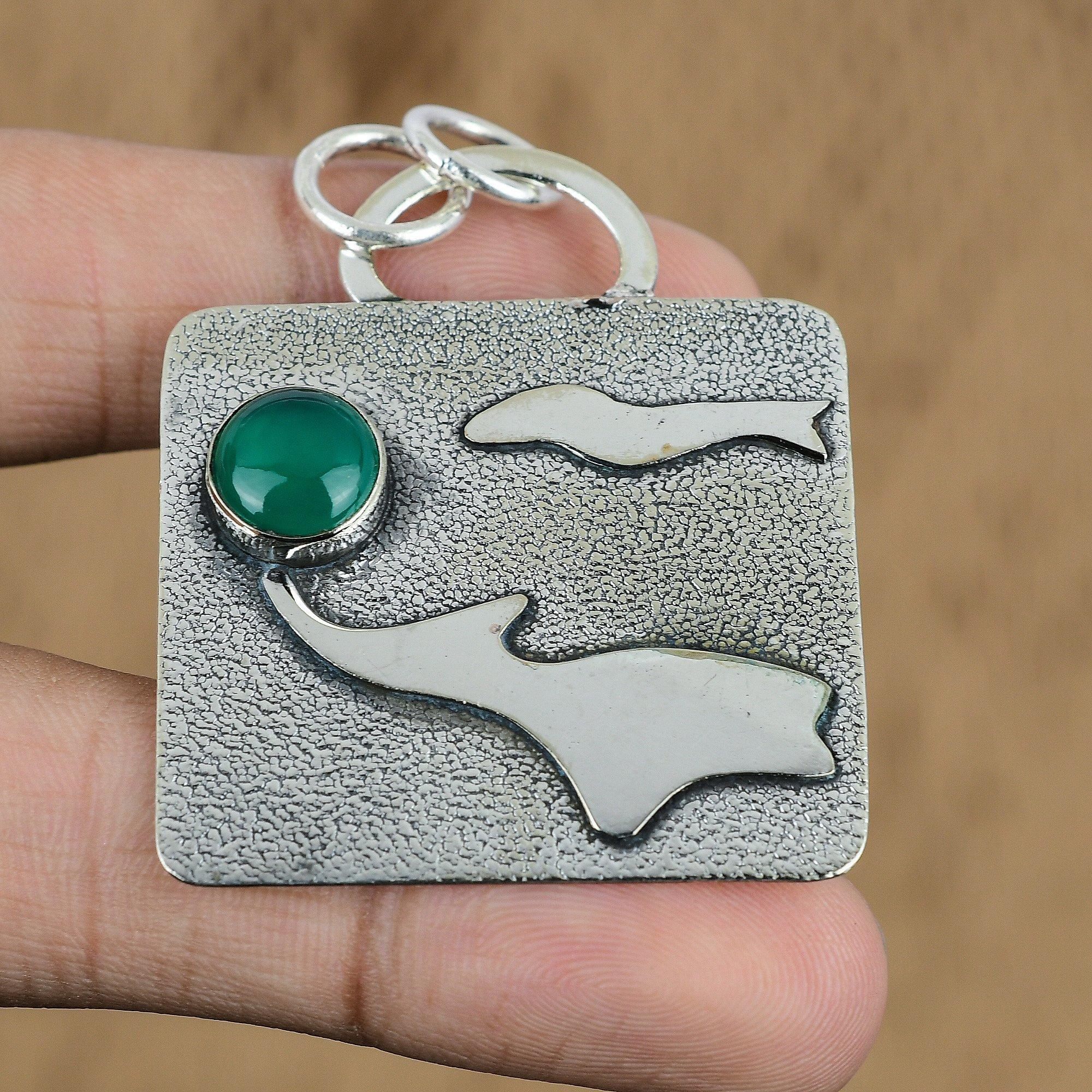 Natural Green Onyx Gemstone Indian Jewelry 925 Sterling Silver Pendant For Girls