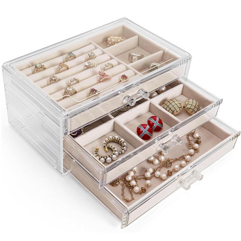 Luxury Clear Jewelry Display Case 3-Layer Flocked Acrylic Box with Drawers Dust-Proof Organizer Tray for Bracelets, Watches, and Accessories