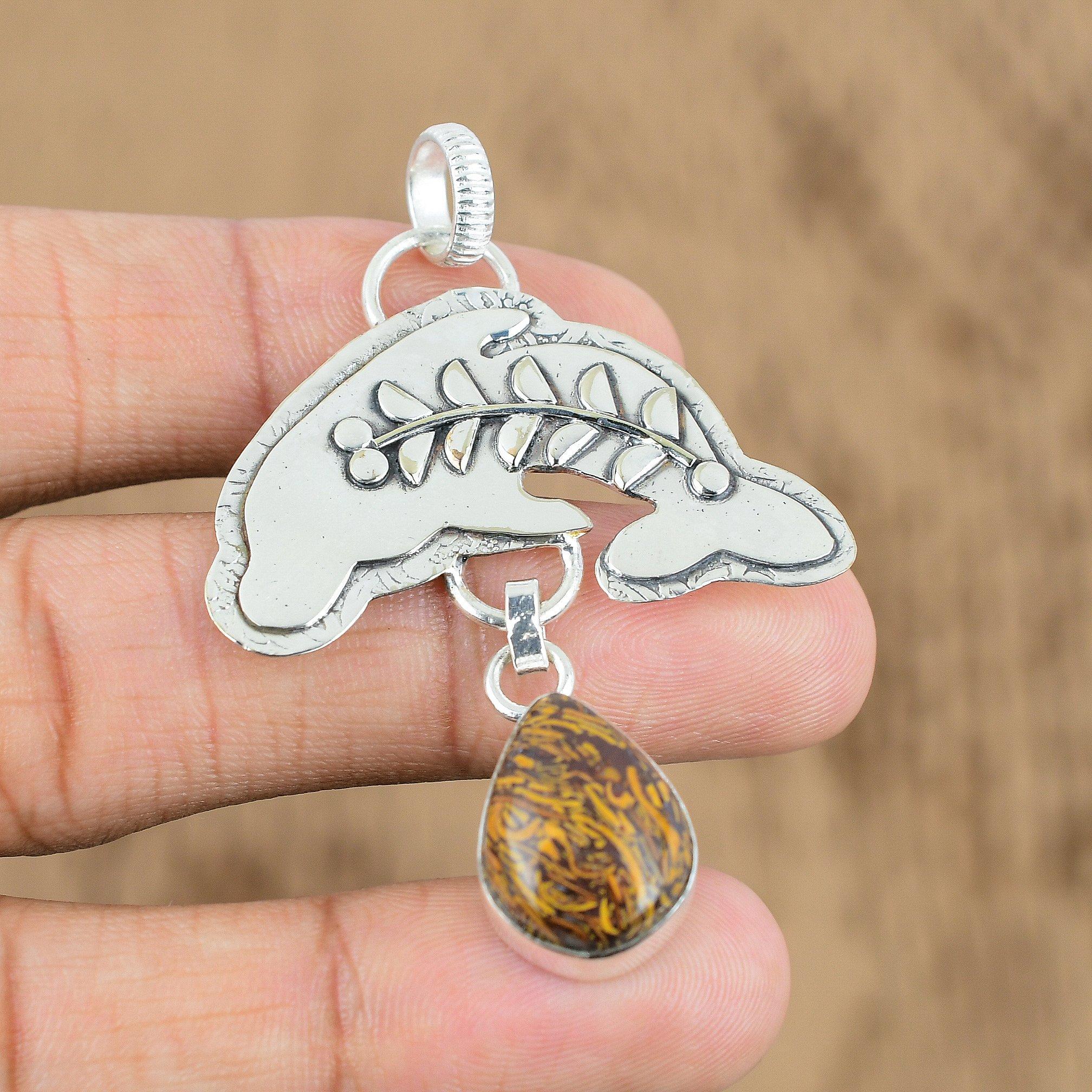 Mothers day Deal 925 Silver Pear Natural Mariam Jasper Fish Birthday New Pendant