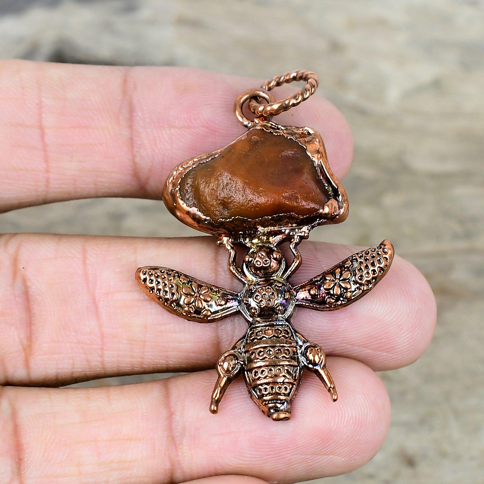 Carnelian Rough Pendant Electroformed Copper Pendant Gemstone Pendant Handmade Honey Bee Pendant Copper Jewelry Gifts for Her Unique Pendant