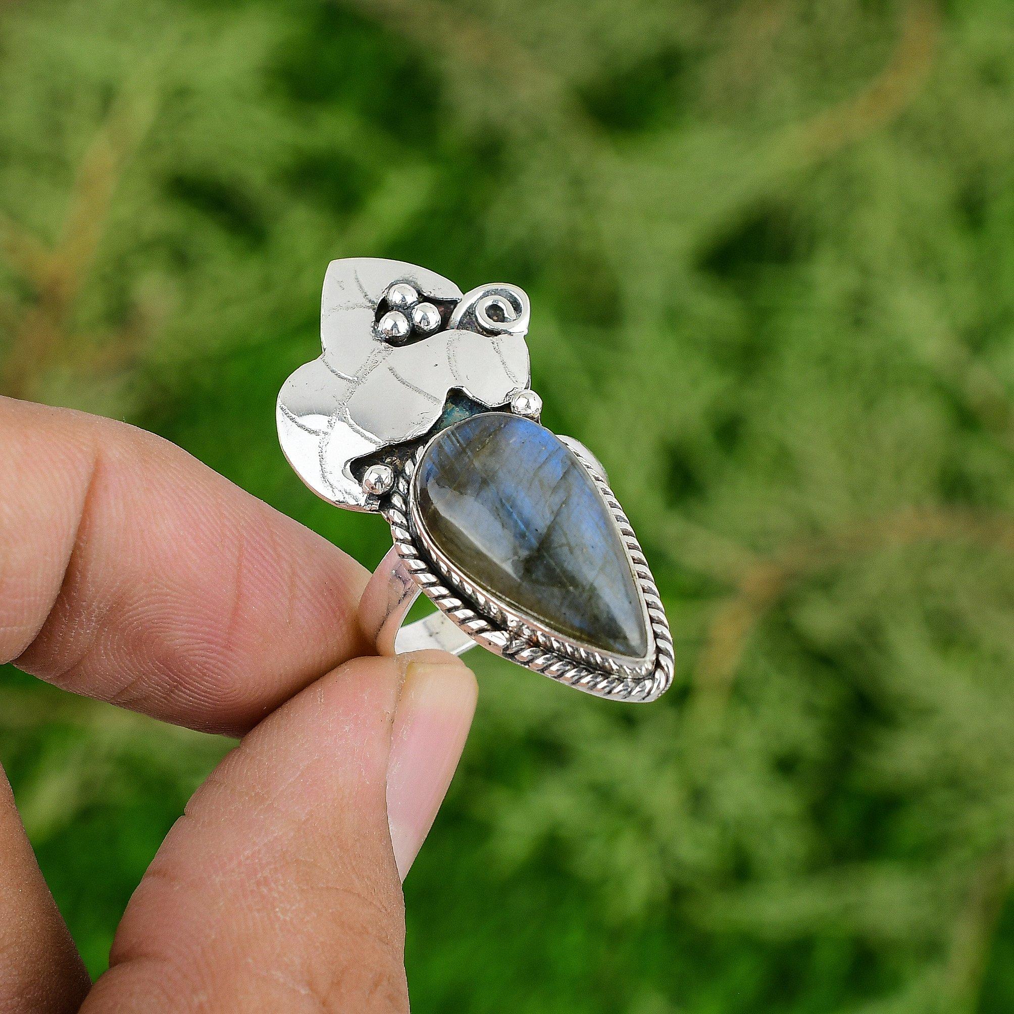 Birthday Gift For Her Natural Labradorite Multi Stone Ring Size 8.5 925 Silver