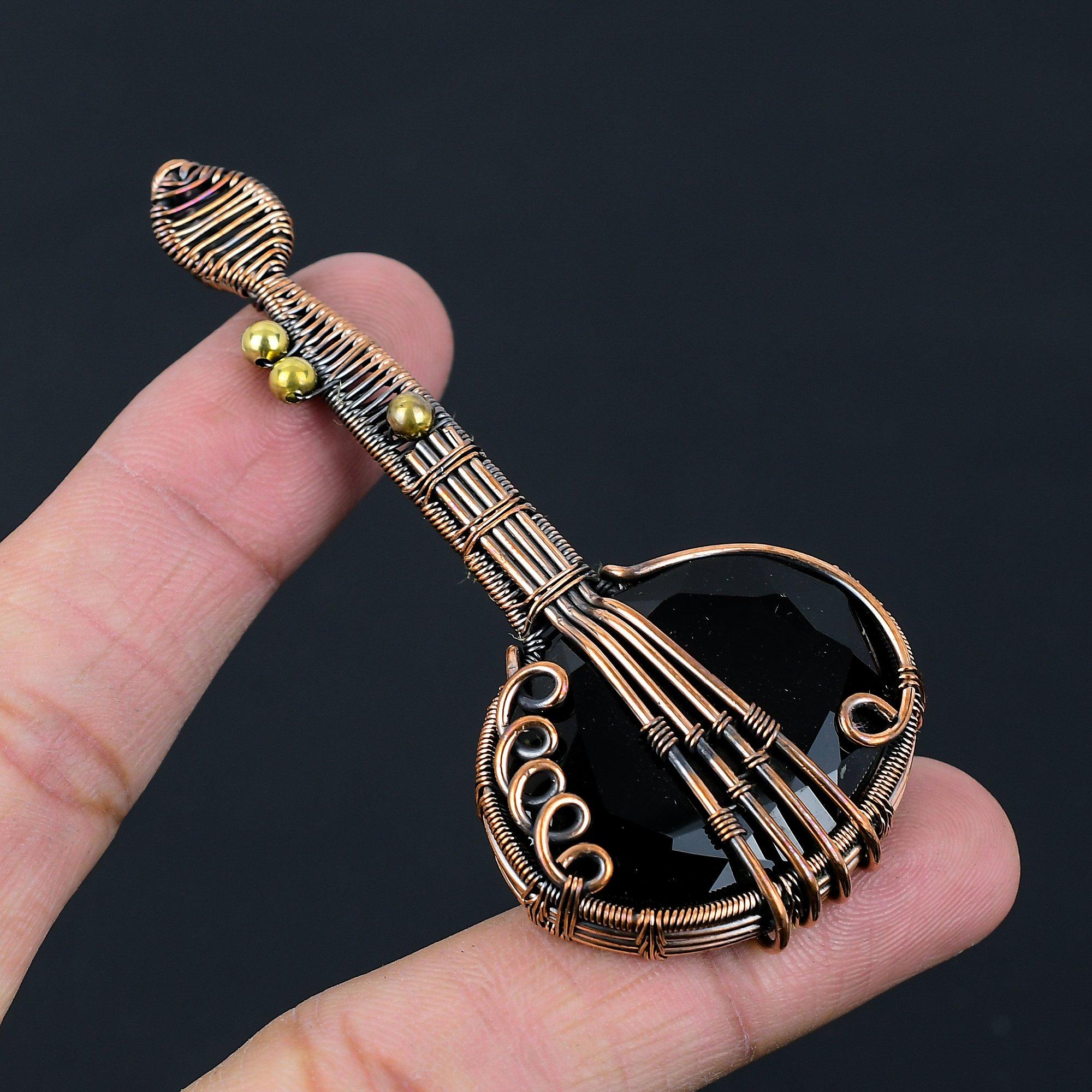 Guitar Shaped Black Onyx Gemstone Pure Copper Wire Wrapped Handmade Pendant Jewelry