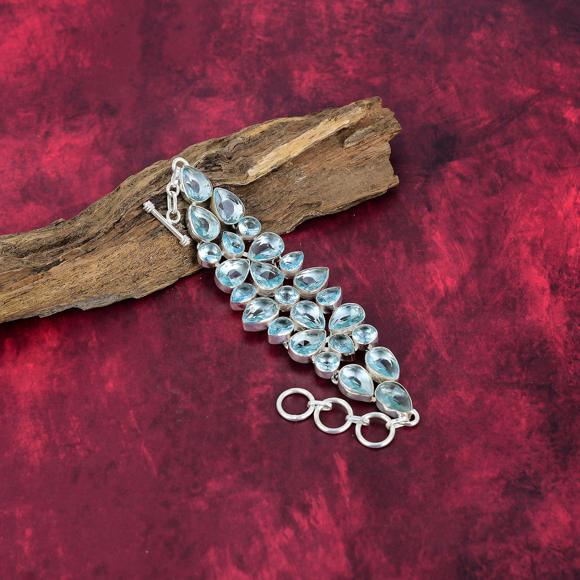 Blue Topaz Bracelet, 925 Solid Sterling Silver Gemstone Jewelry, Handmade Bracelet For Mother Day