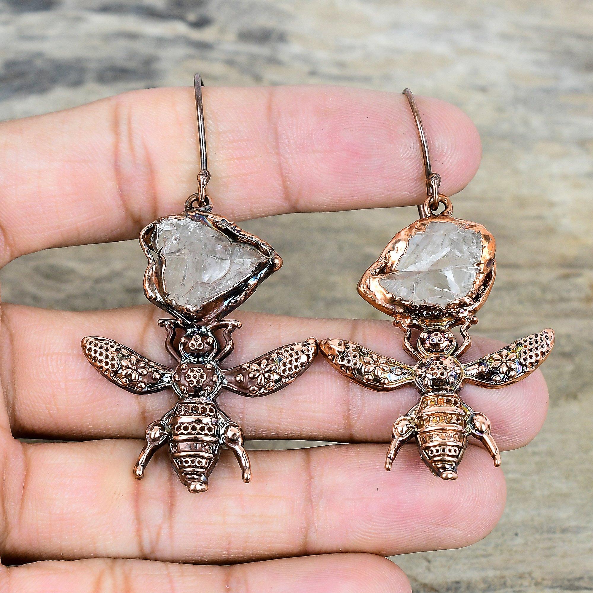 White topaz rough earring electroformed copper earrings honey bee earring handmade gemstone earrings copper jewelry for gifts dangle earring