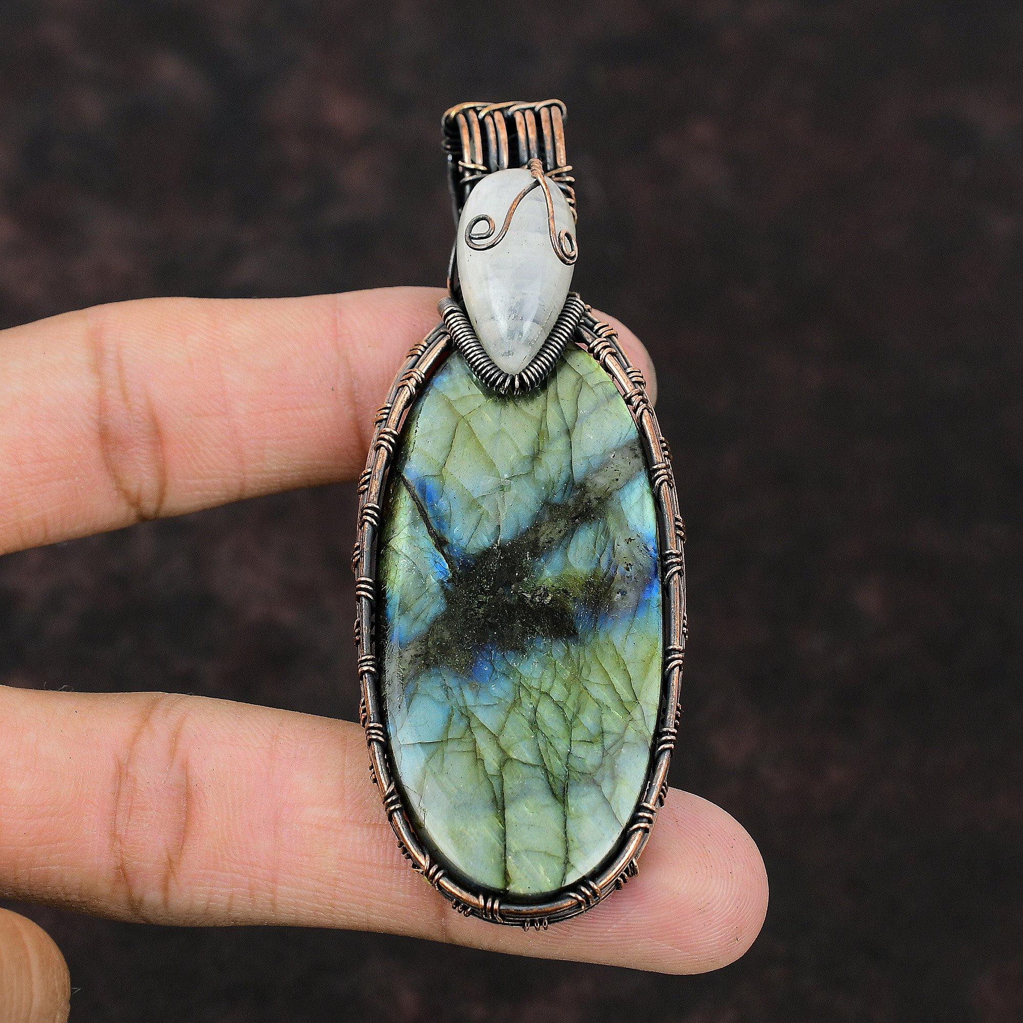Labradorite Pendant Copper Wire Wrapped Pendant Gemstone Pendant Handmade Rainbow Moonstone Jewelry Gift For Her Antique Copper Wire Jewelry