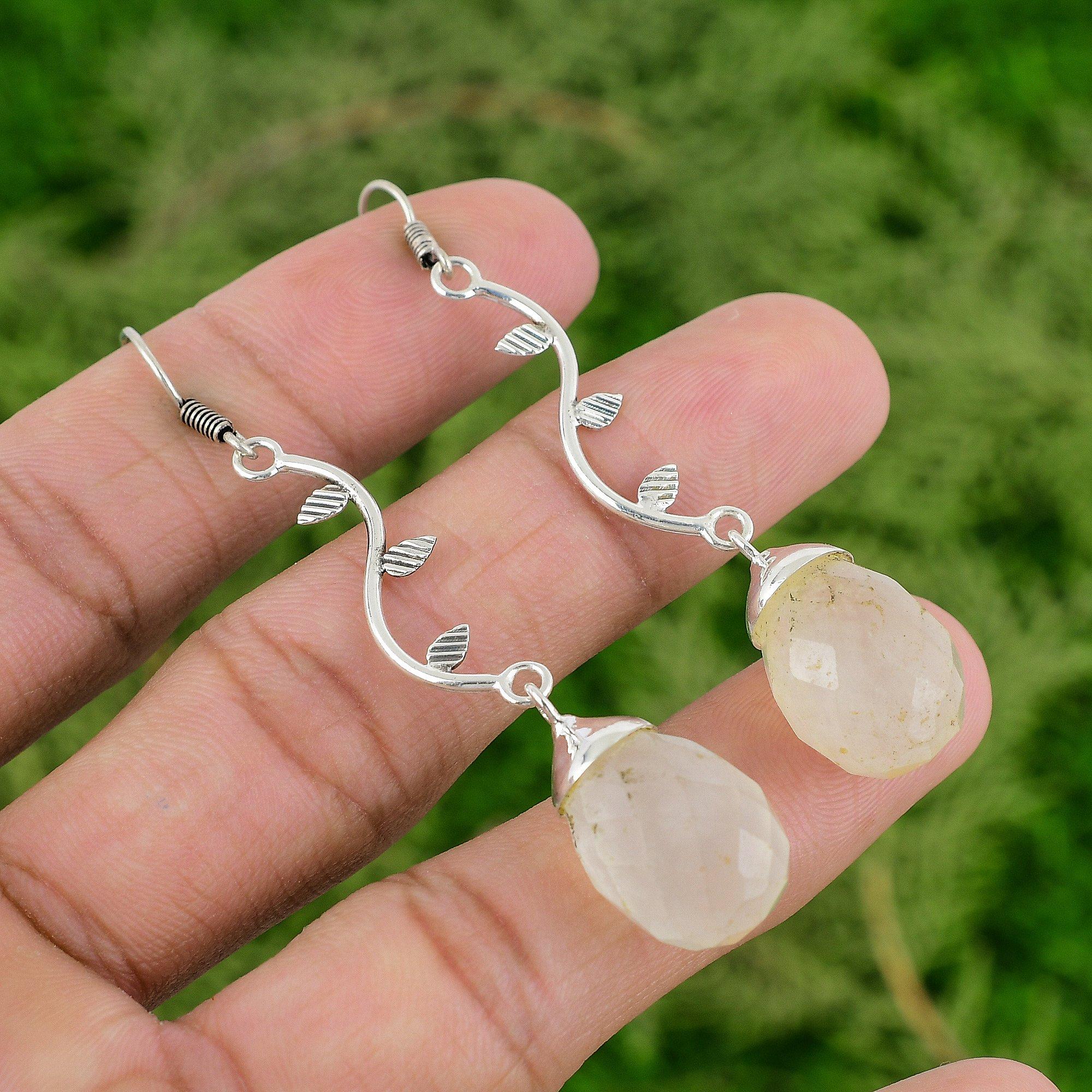 Teardrop Rainbow Moonstone Stone 925 Silver Bezel Wedding Dangling Hook Earrings