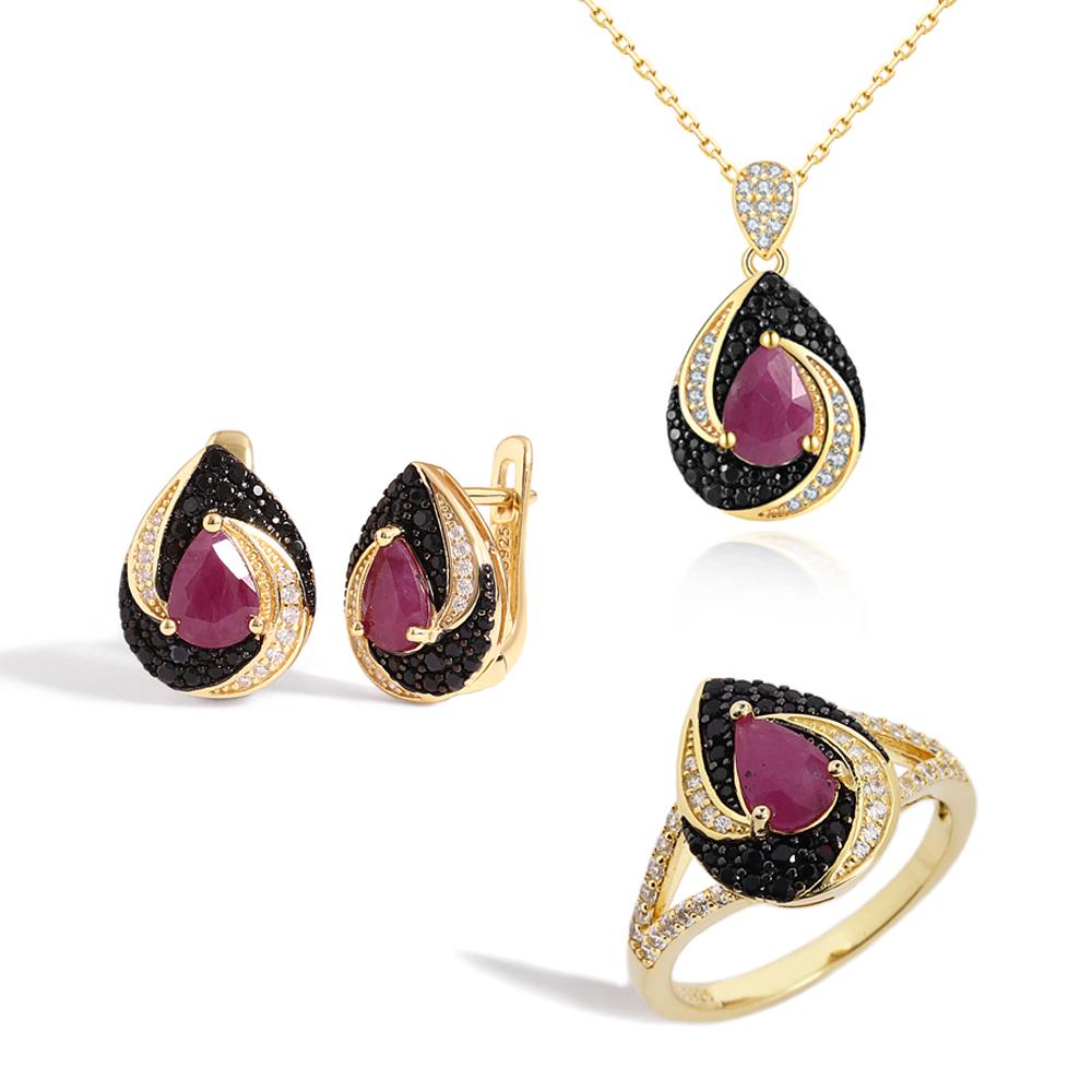 Vintage natural pear 5*7mm ruby jewelry set 925 sterling silver ring earrings pendant necklace for women's engagement party wear